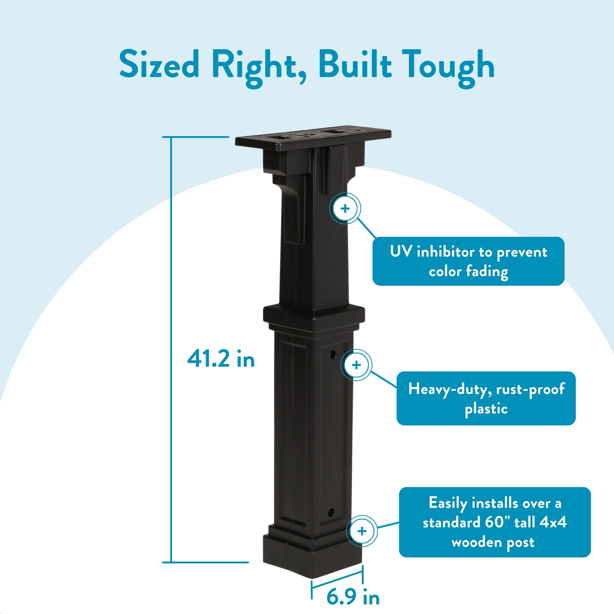 Tall black post with blue measurement lines showing 41.2 in height and 6.9 in width; highlights include durable, UV‑inhibited and rust‑proof plastic features.