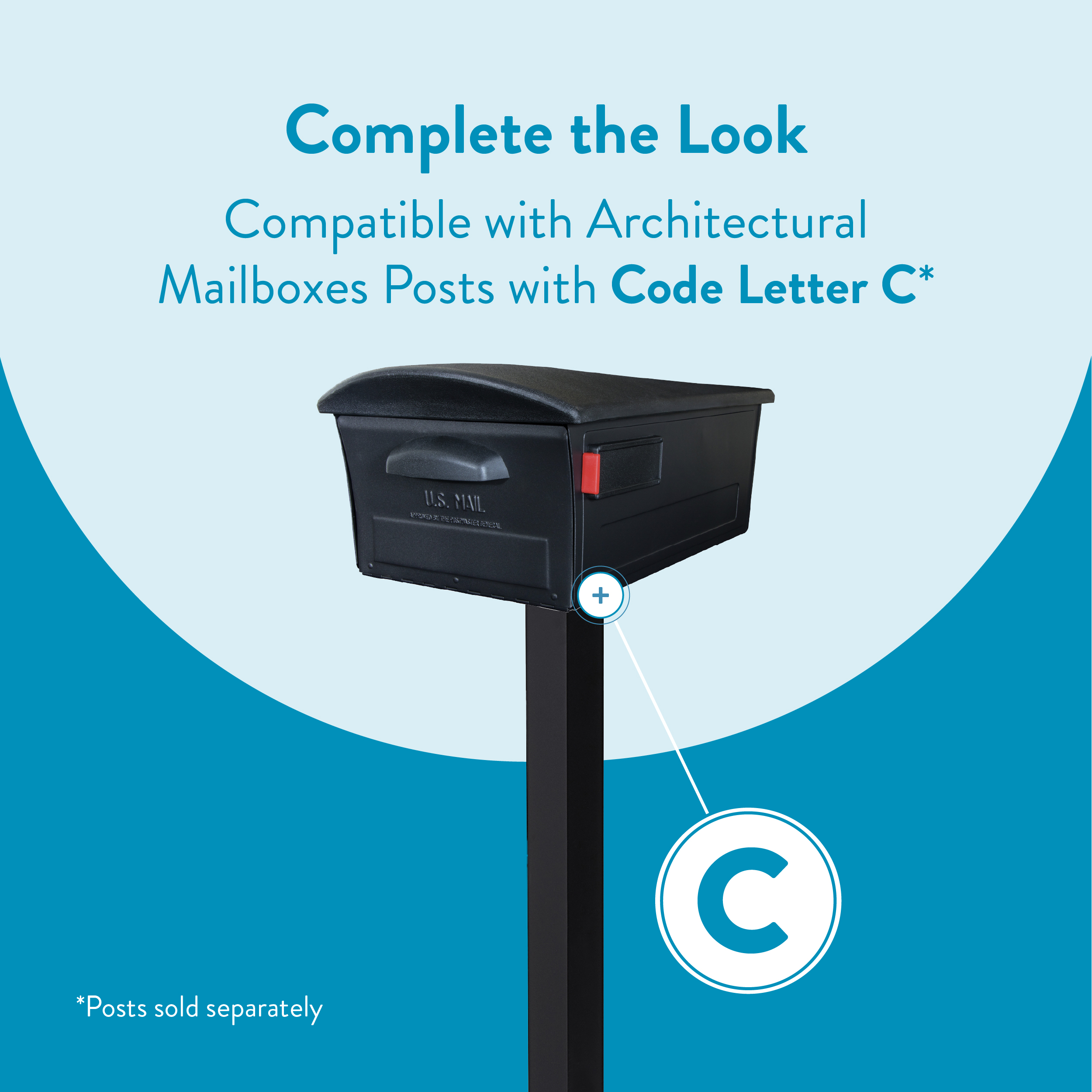 Black mailbox on a tall post with a blue Code C badge, set against a two-tone blue background (advertising Code Letter C).