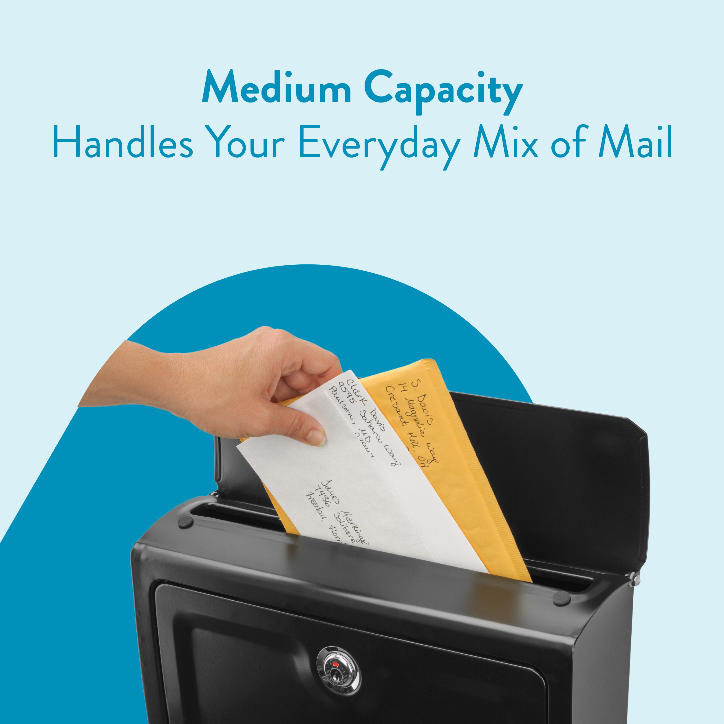 Medium Capacity: showing a mail slot being filled with envelopes, conveying everyday mail handling capacity