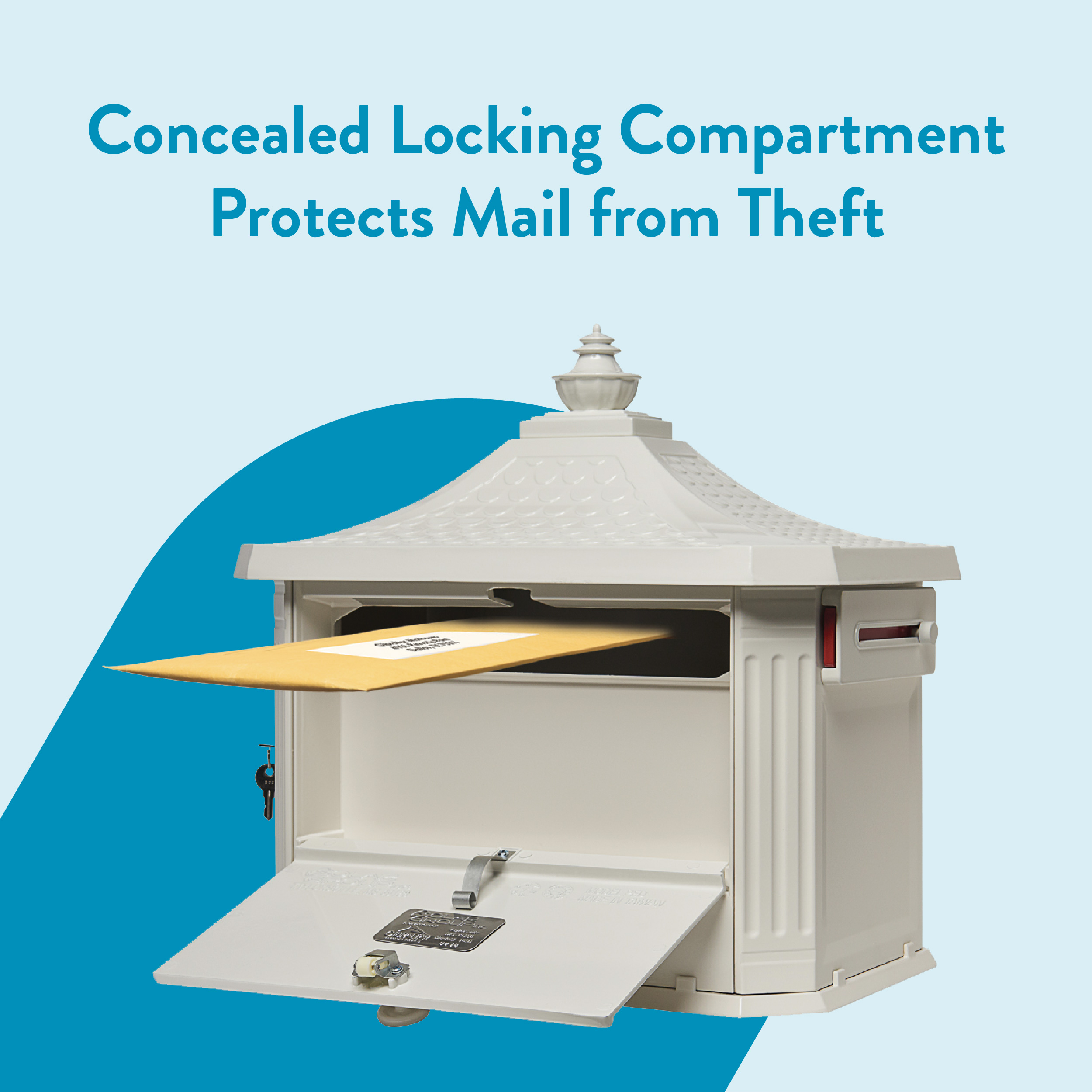 Graphic of a beige mailbox with a mail envelope sliding into a concealed locking compartment, promoting security of mail from theft.