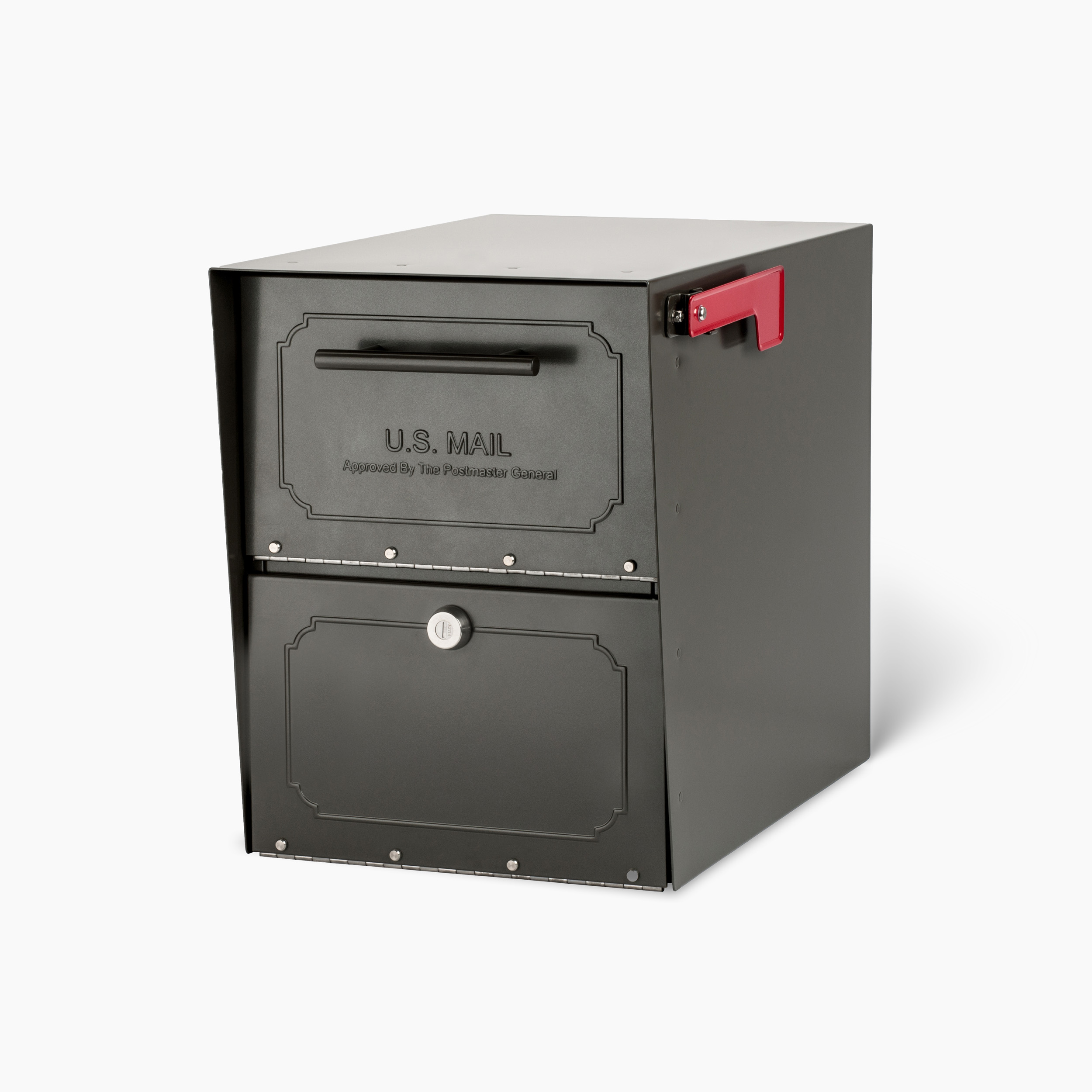 Two-tier black metal USPS mailbox with a red flag on the side and embossed 'U.S. MAIL' text on the front panel.