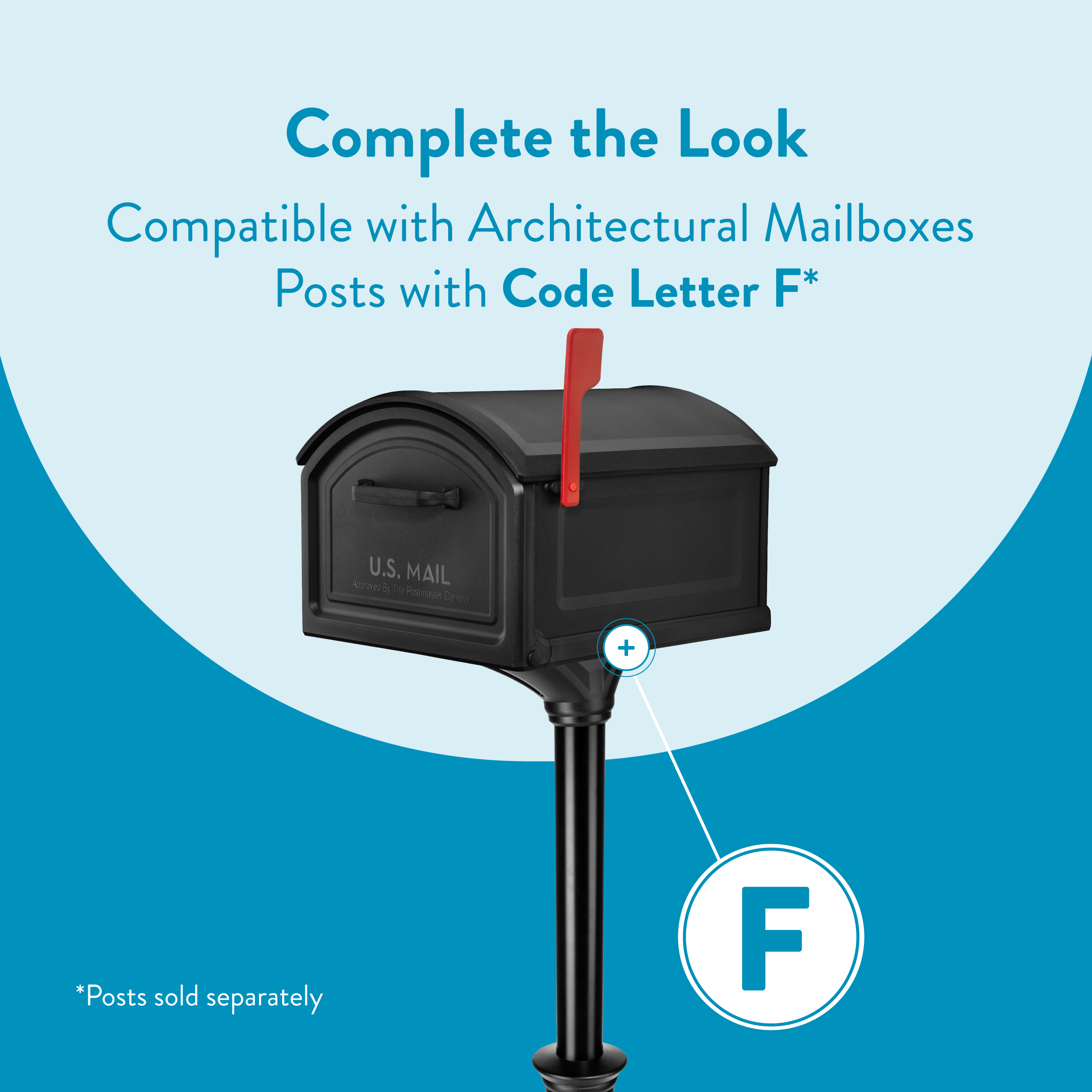 Ad image showing a black architectural mailbox on a post with a red flag, promoting compatibility with posts labeled Code Letter F for Architectural Mailboxes (Note: posts sold separately).