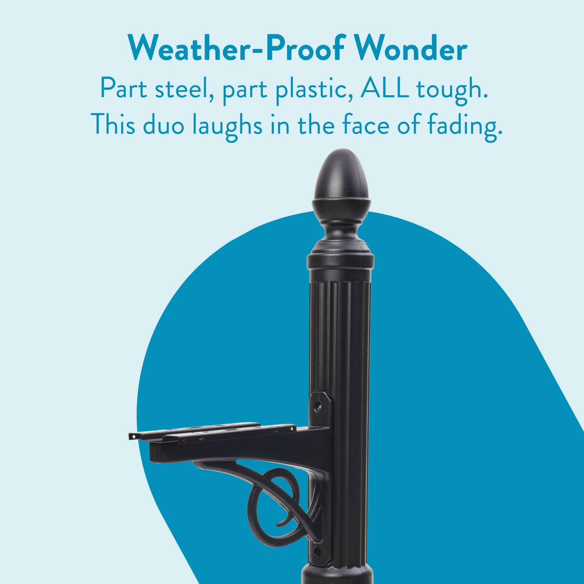 Advertisement for Weather-Proof Wonder with the tagline 'Part steel, part plastic, ALL tough. This duo laughs in the face of fading.' over a blue circular backdrop and a black post.