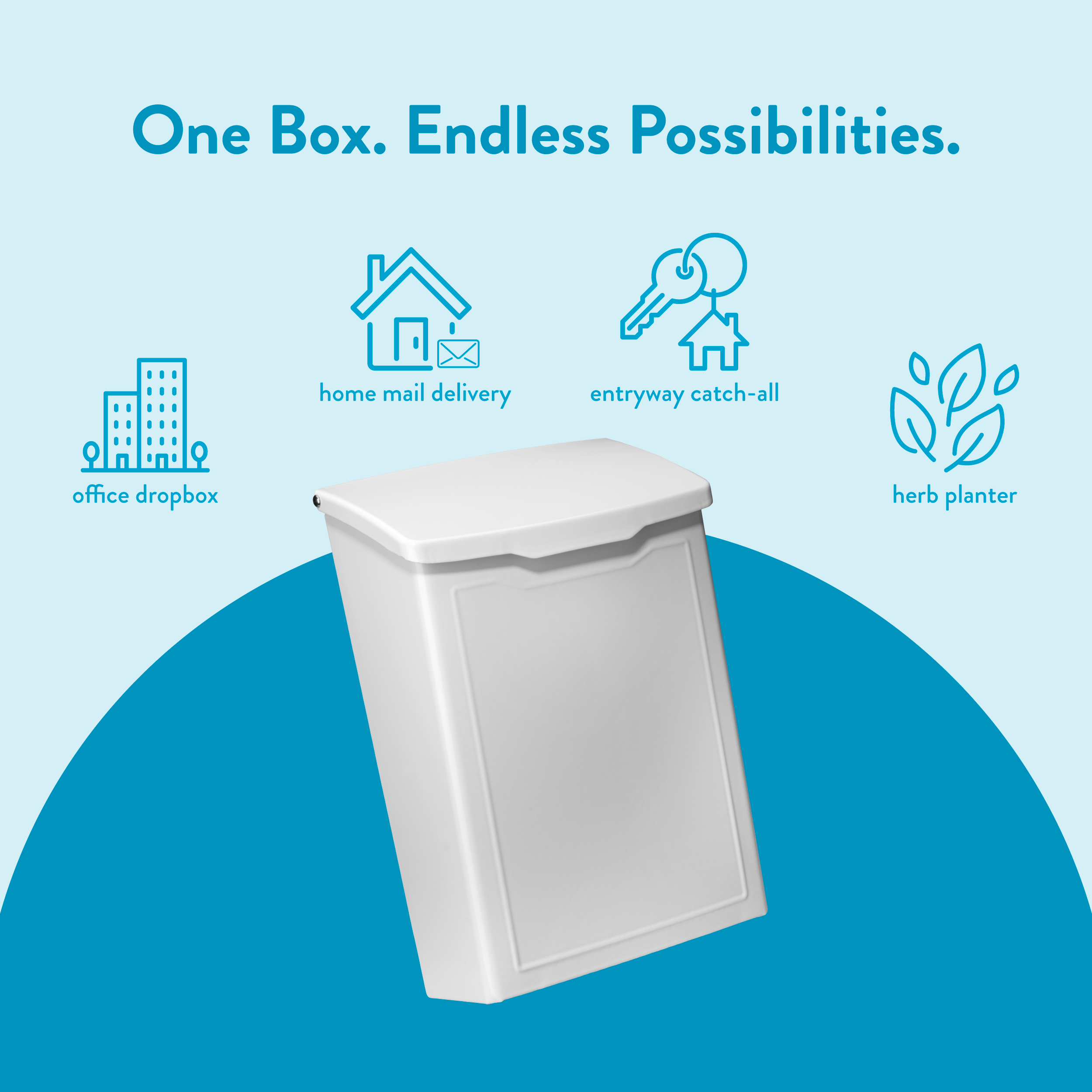 White multi-use storage box on a blue curved backdrop with icons for office dropbox, home mail delivery, entryway catch-all, and herb planter.