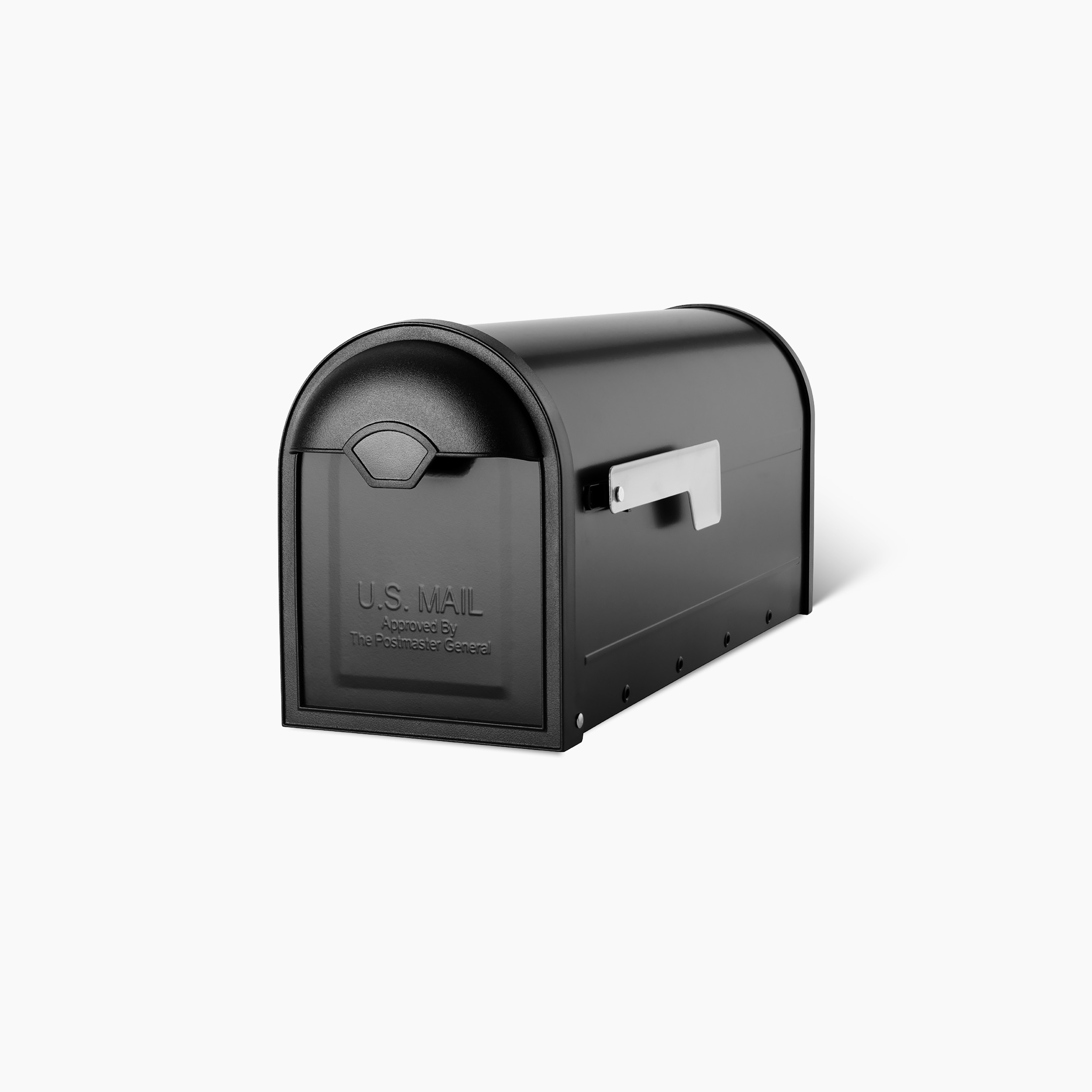 Black curved-top U.S. Mail mailbox with a white side flag on the right side.