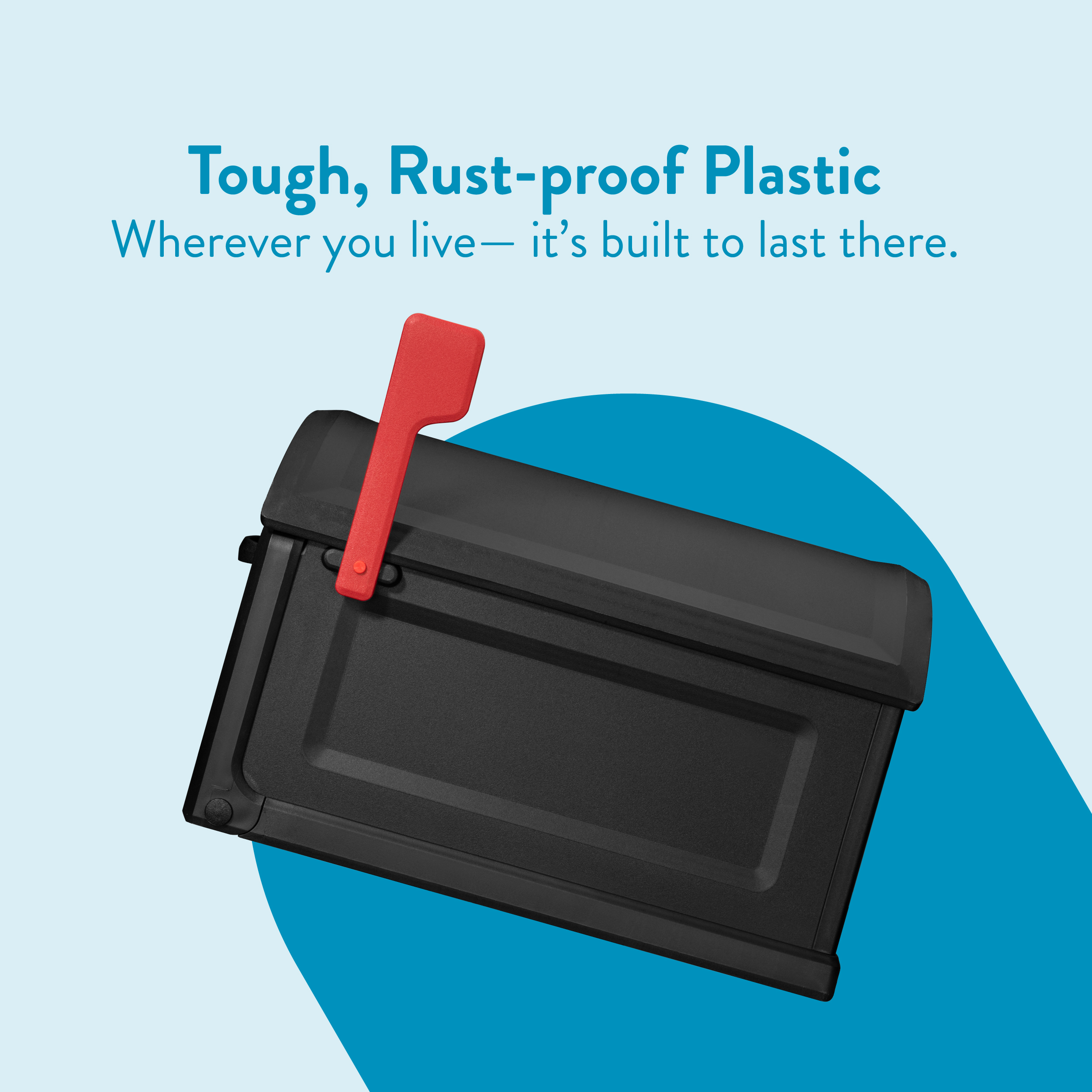 Promotional image for a rust-proof, tough plastic product: a black case with a red latch set against blue shapes on a light blue background.