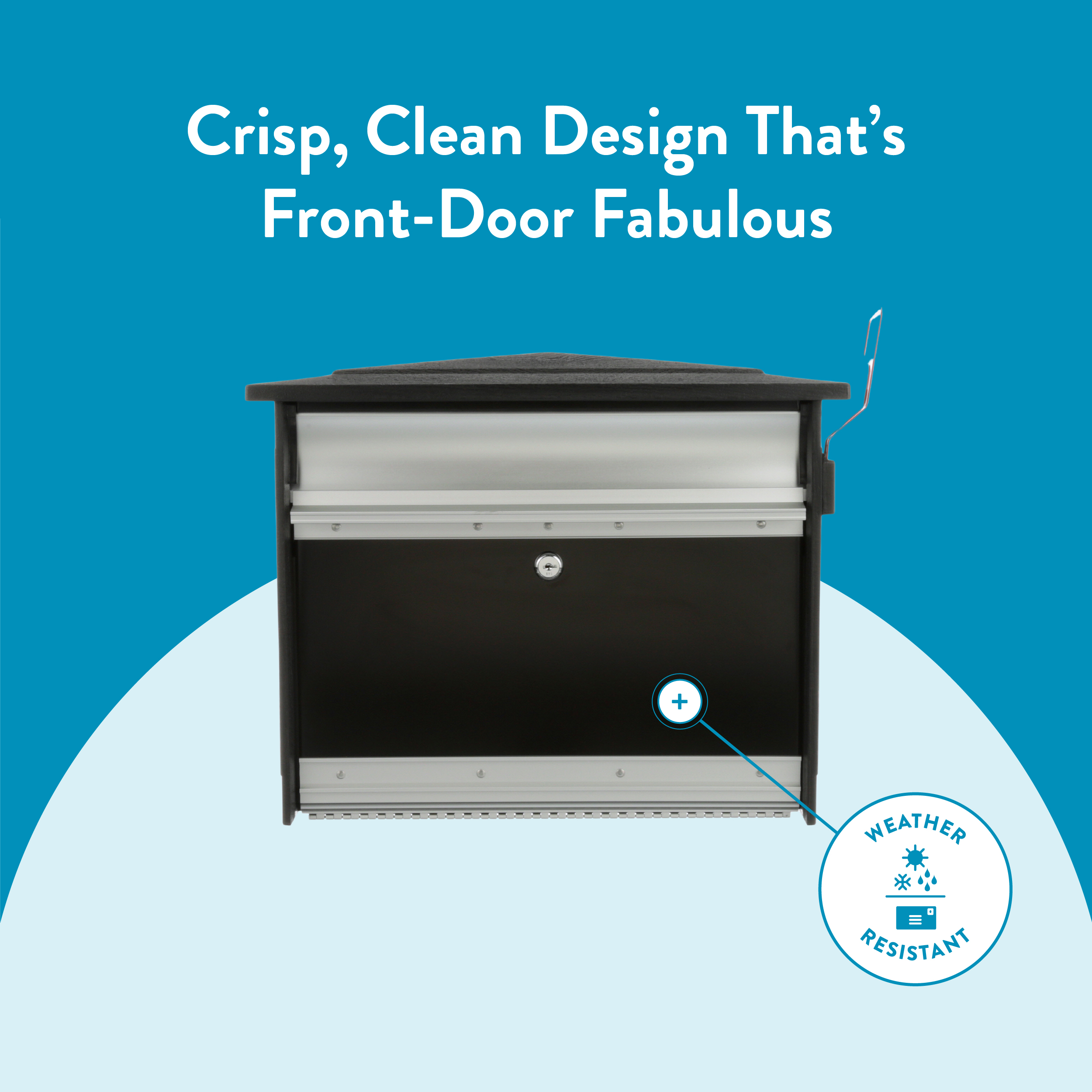 Ad graphic featuring a modern front-door mailbox on a blue background with white headline about design and a weather-resistant badge in the corner.
