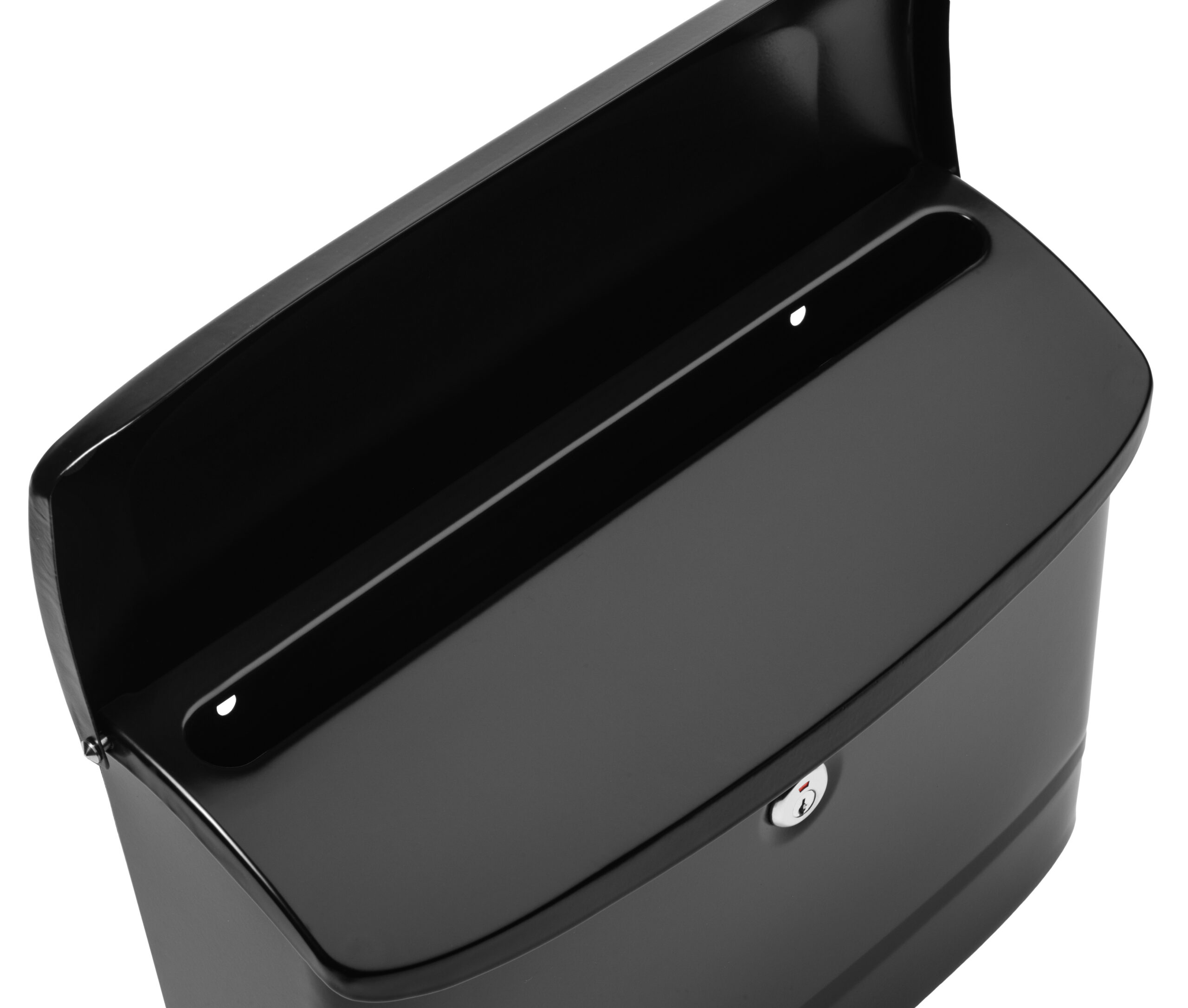 Black metal mailbox with a front mail slot and a small lock on the lower front panel