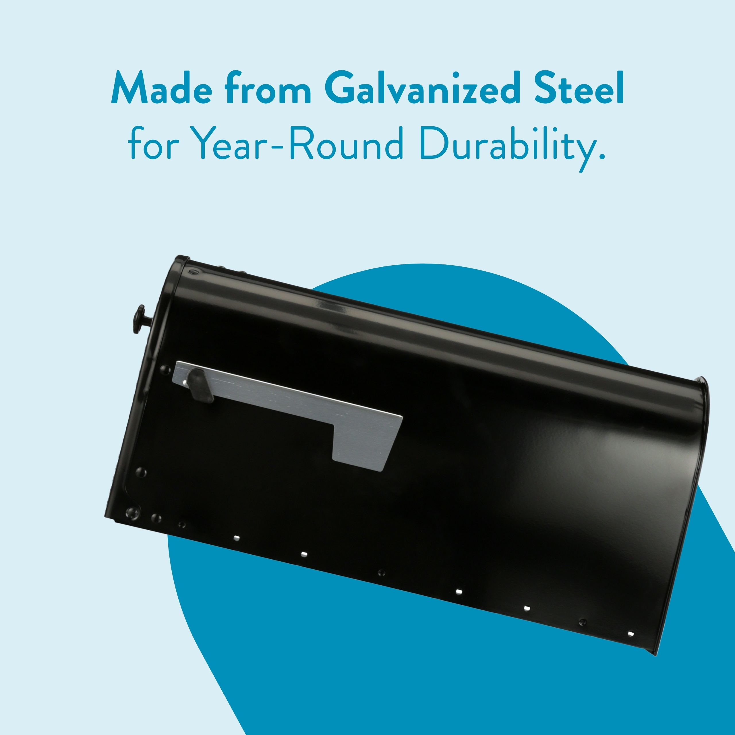 Promotional graphic showing a black galvanized-steel mailbox on a blue circular backdrop with the text 'Made from Galvanized Steel for Year-Round Durability.'