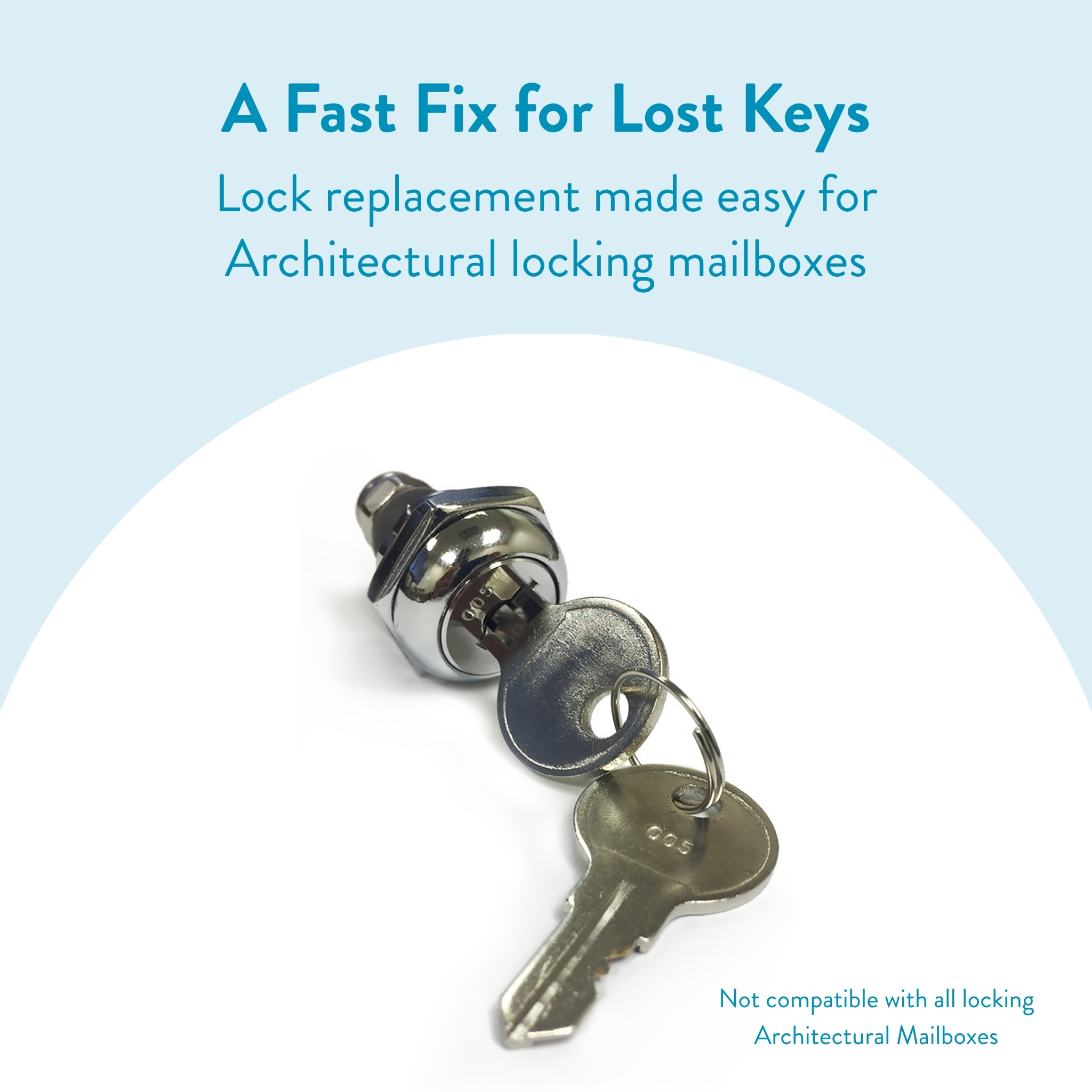 Promotional image offering fast lock replacement for architectural locking mailboxes, with a key and cylinder on a curved white/blue background