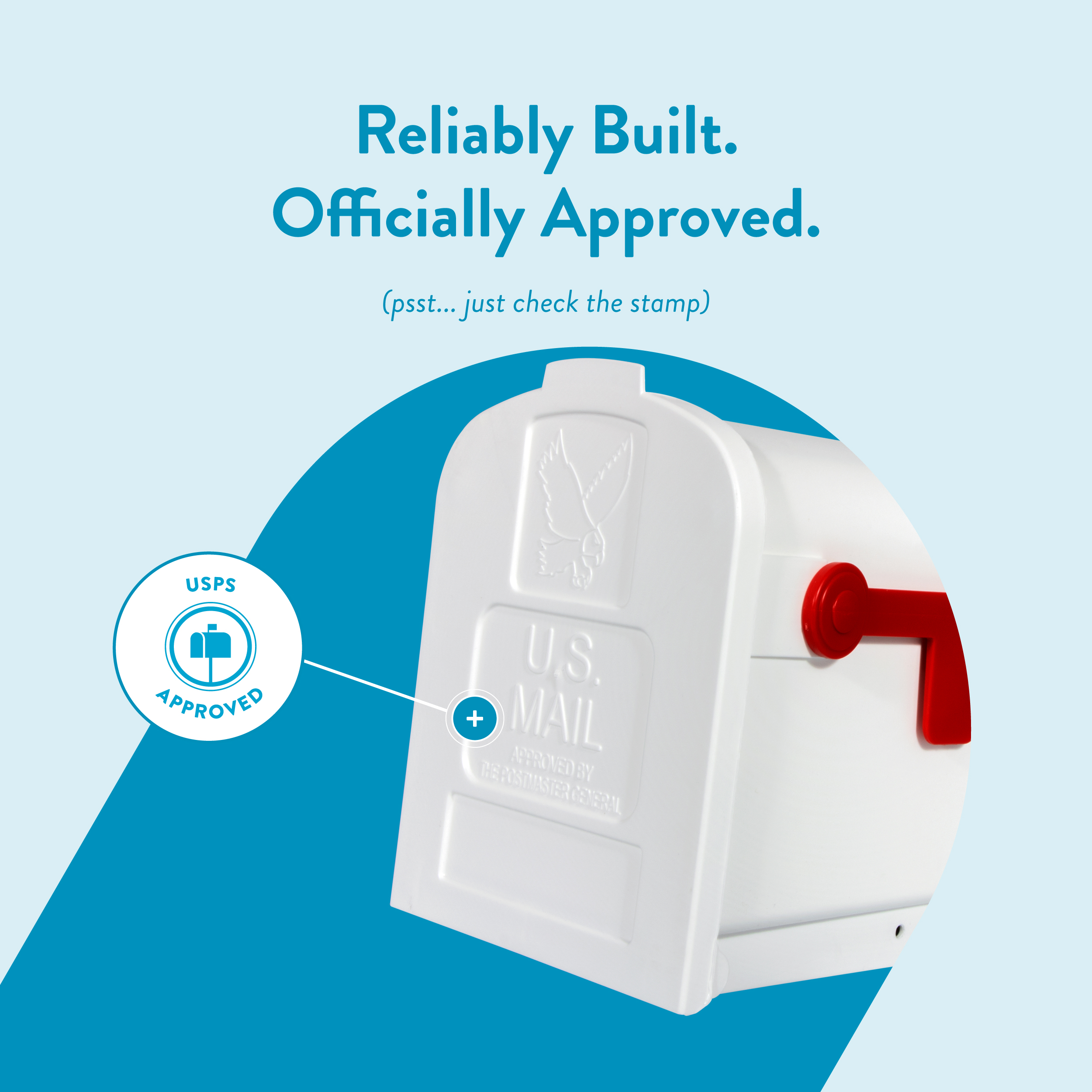 Promo image showing a white mailbox with a USPS 'Approved' stamp badge and a blue curved background; conveys official approval of the product.