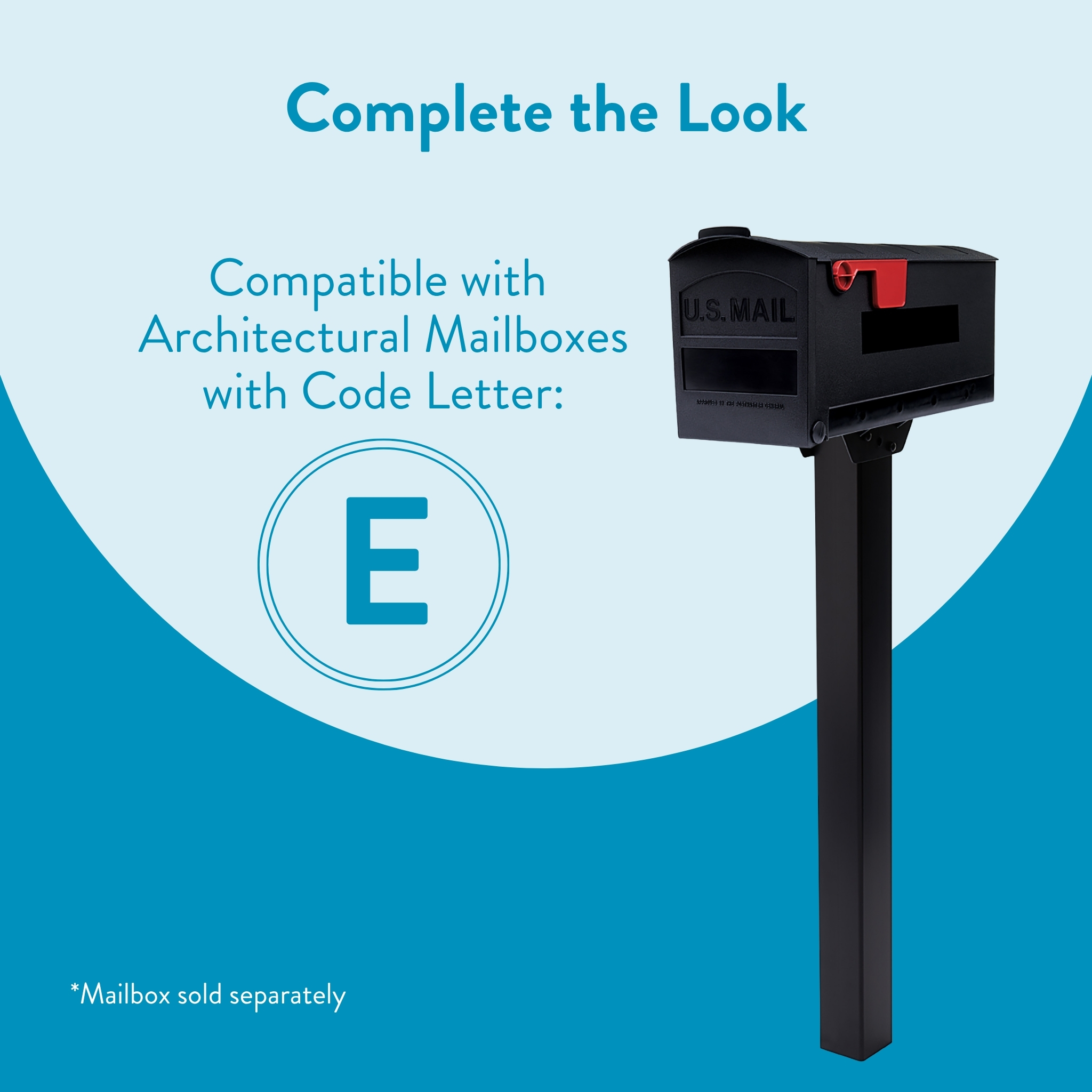 Complete-the-look graphic showing a black mailbox on a post, with a large blue 'E' inside a circle and text about compatibility with Architectural Mailboxes (Code Letter E).
