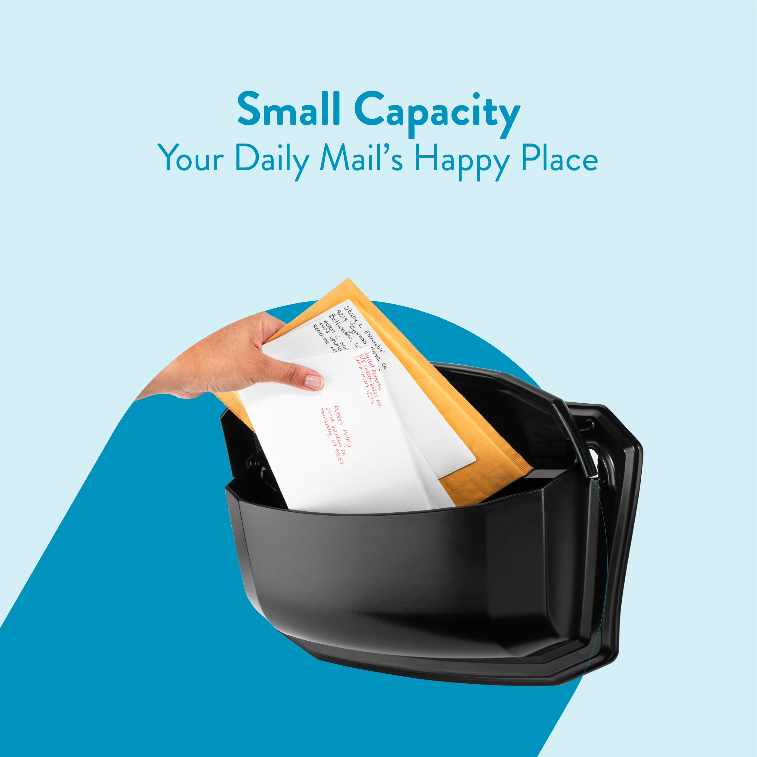 Hand placing envelopes into a compact black paper shredder against a light blue background, illustrating small-capacity mail processing.