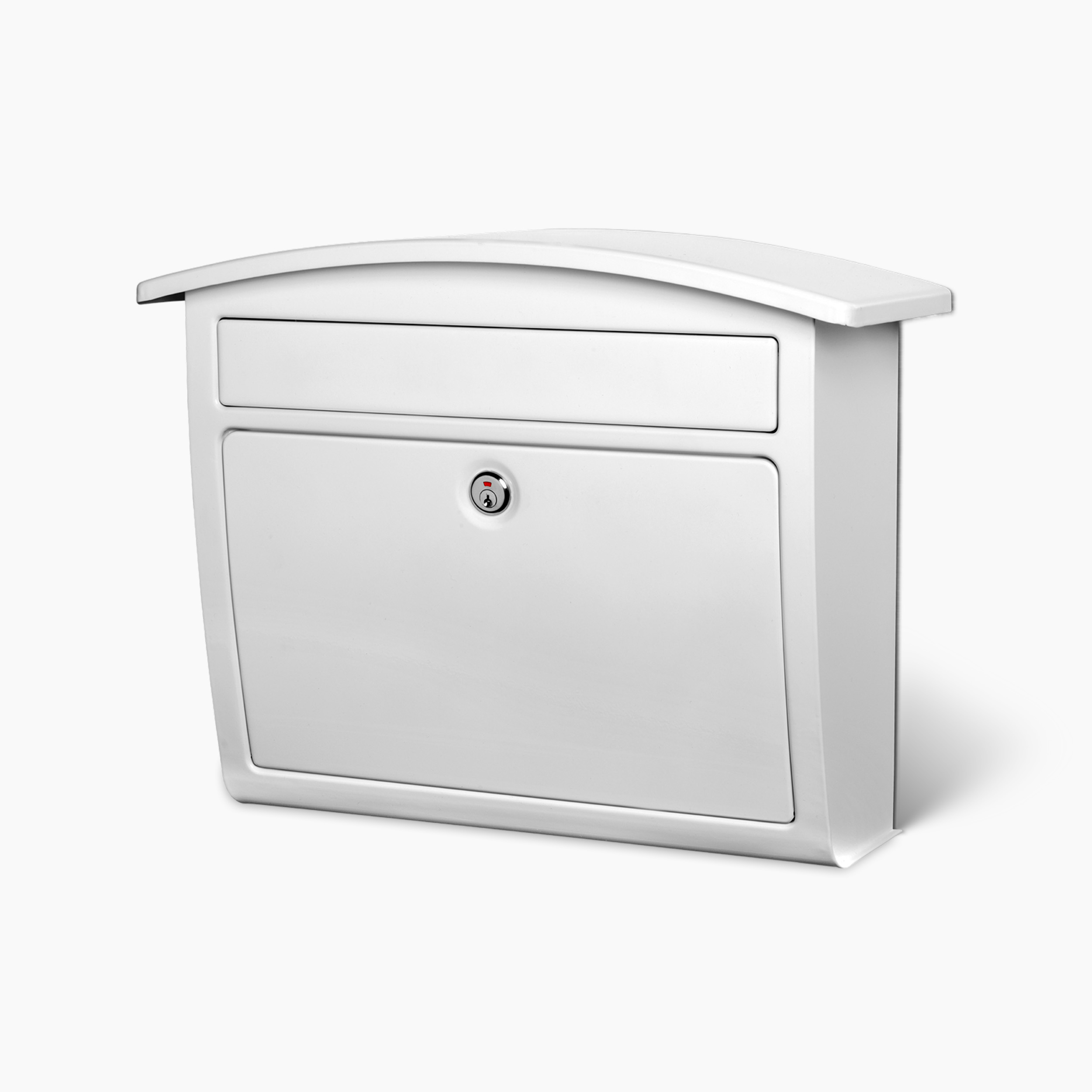 White curved-top mailbox with a narrow mail slot above a lockable front panel door