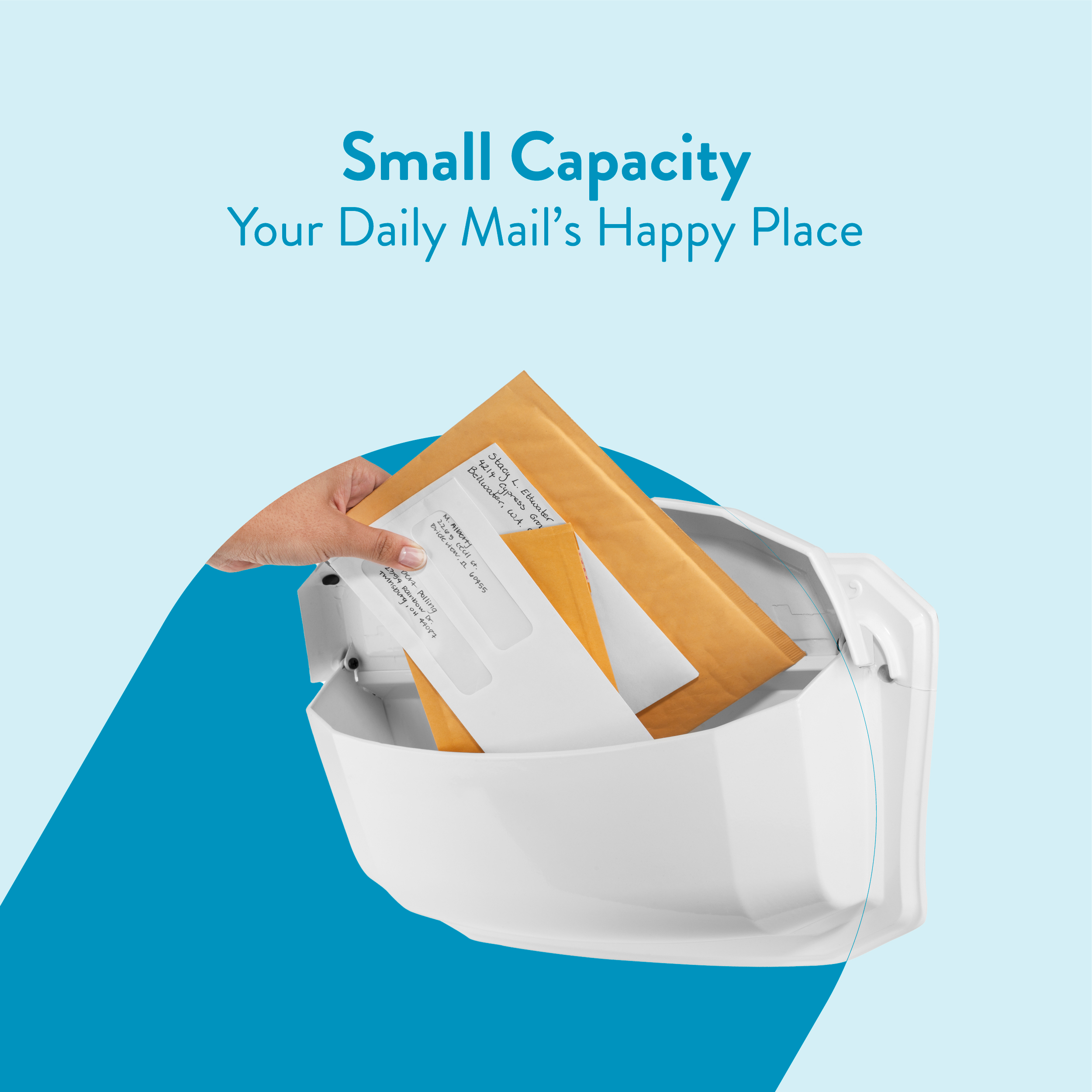 Person feeding envelopes into a white mail shredder, illustrating a small-capacity mail solution against a light blue background.