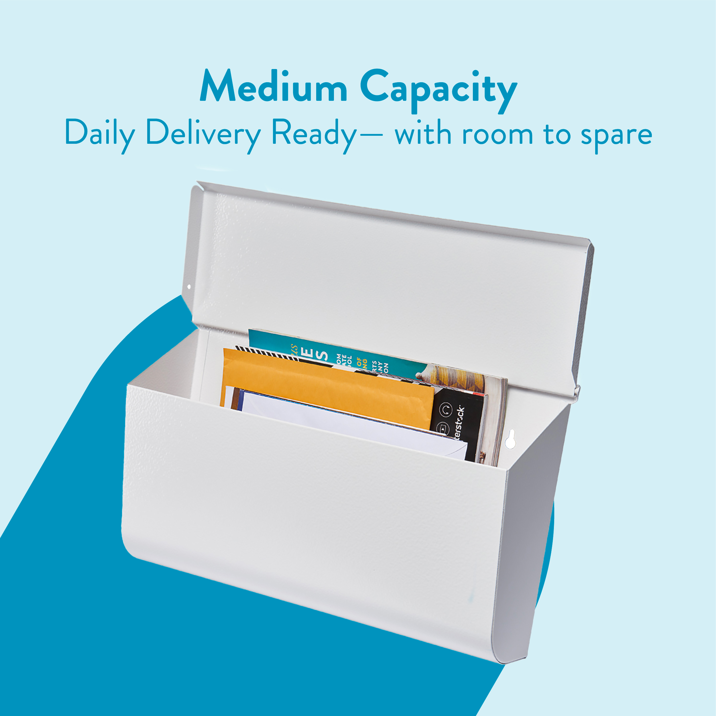 Open white mailer box filled with envelopes and a magazine, against a light blue background.