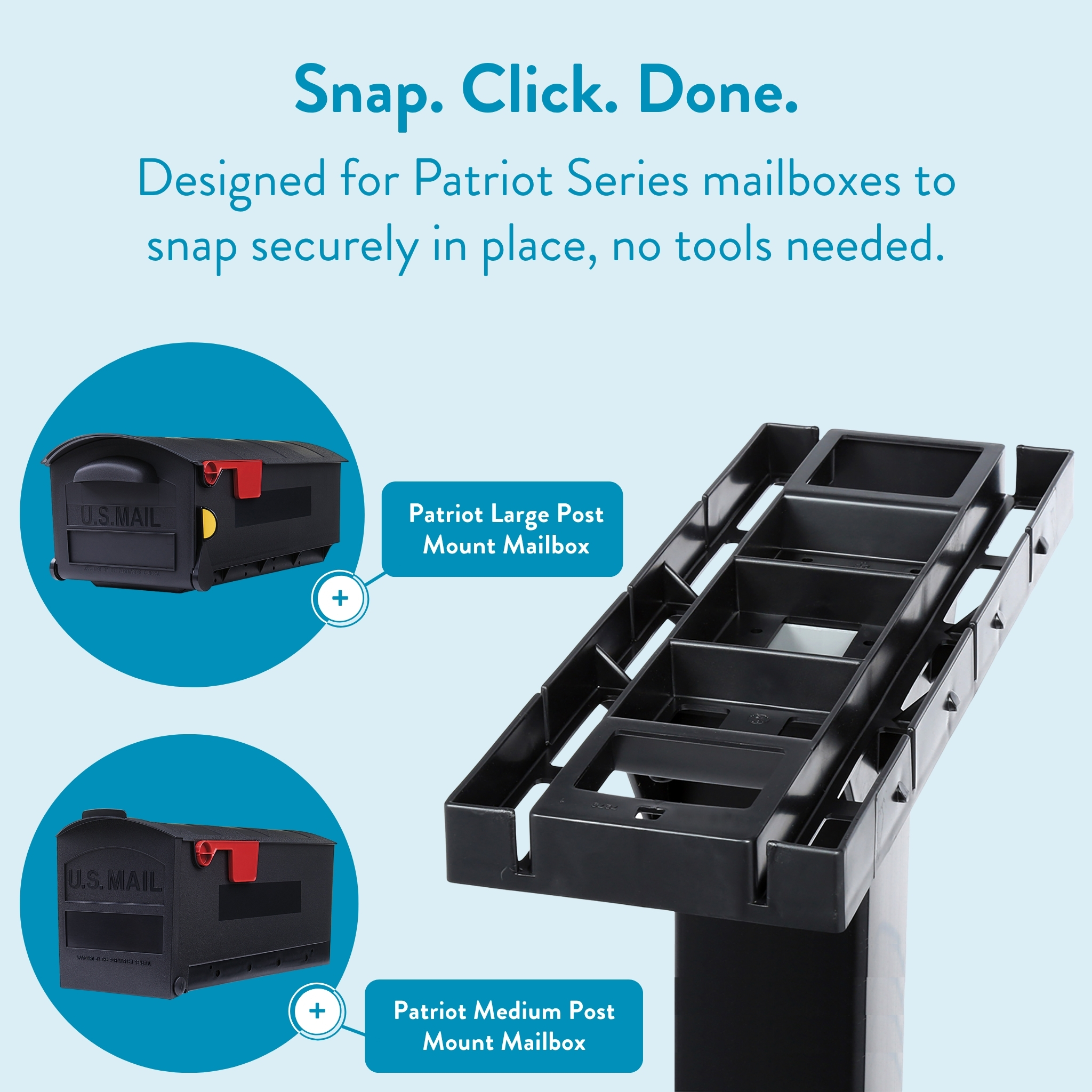 Infographic showing Patriot post-mount mailboxes (large and medium) designed to snap into a modular rack.