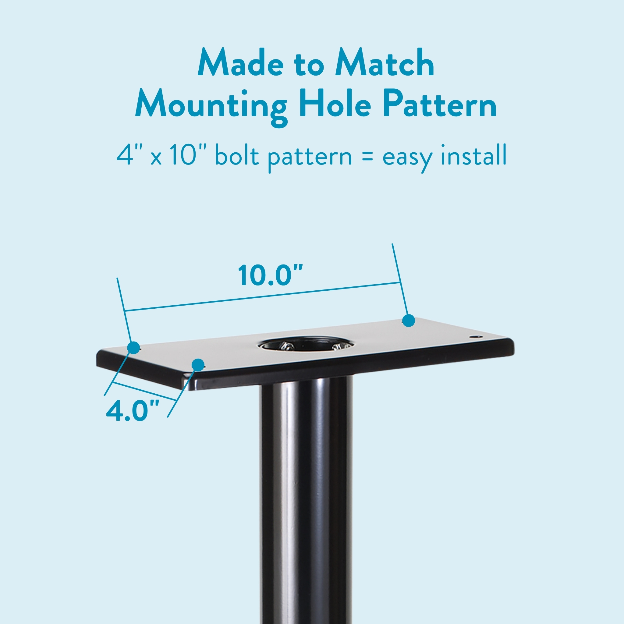 Diagram of mounting plate on a post showing a 4 x 10 inch bolt pattern with 10 inch length and 4 inch width