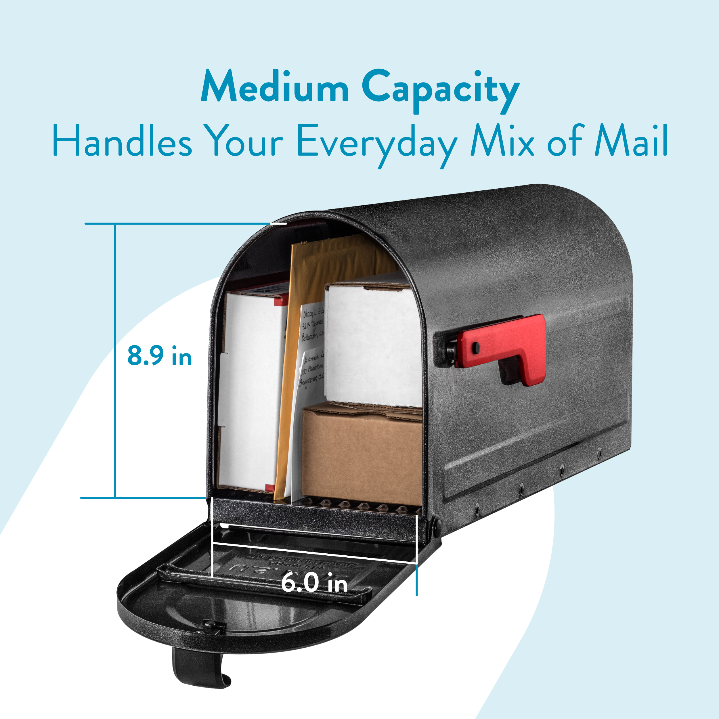 Mailbox filled with letters and small packages, showing medium capacity and dimensions 8.9 in high by 6.0 in deep.