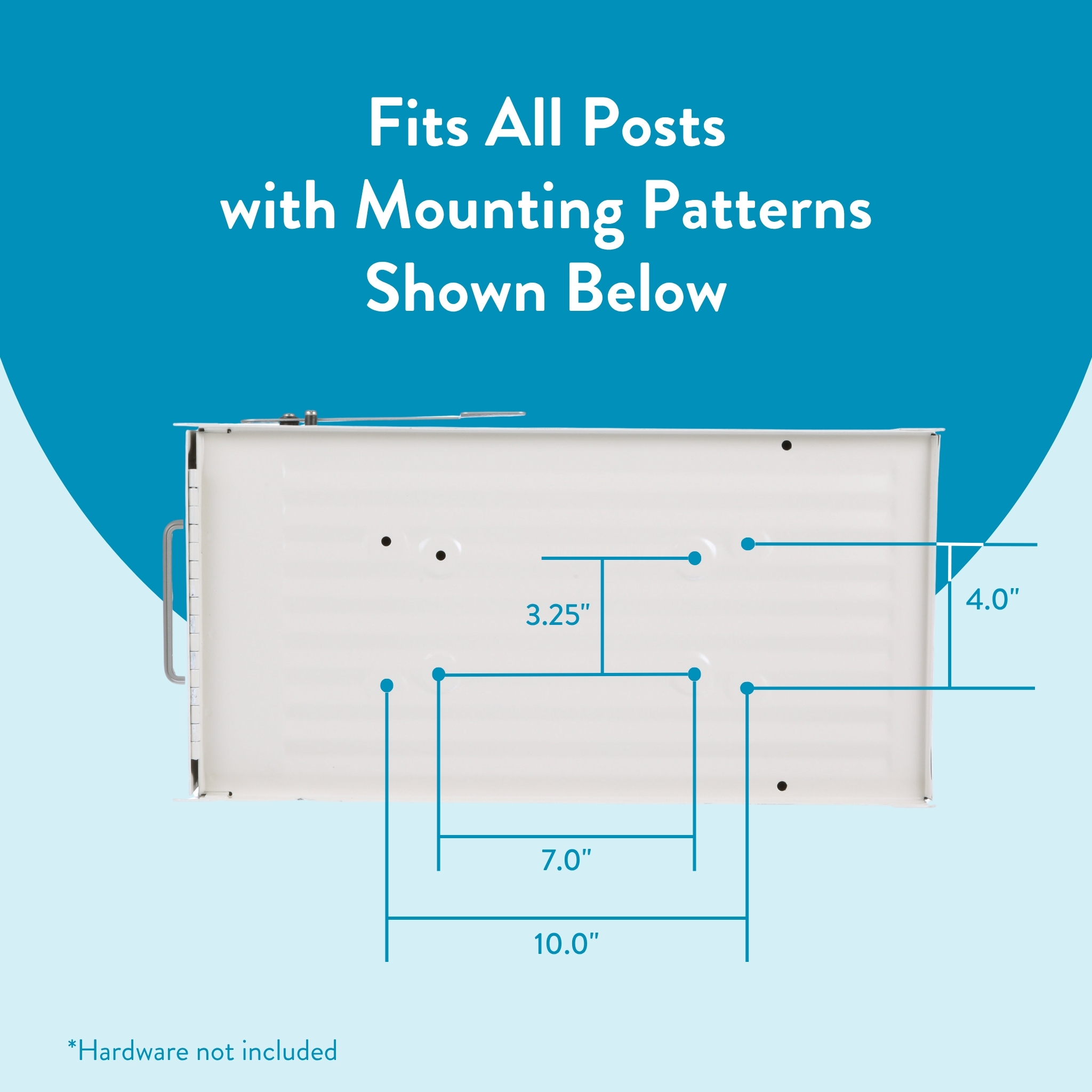 Diagram of a mounting panel with blue dimension lines: overall width 10 in, inner width 7 in, vertical spacing 3.25 in, right offset 4 in; hardware not included.