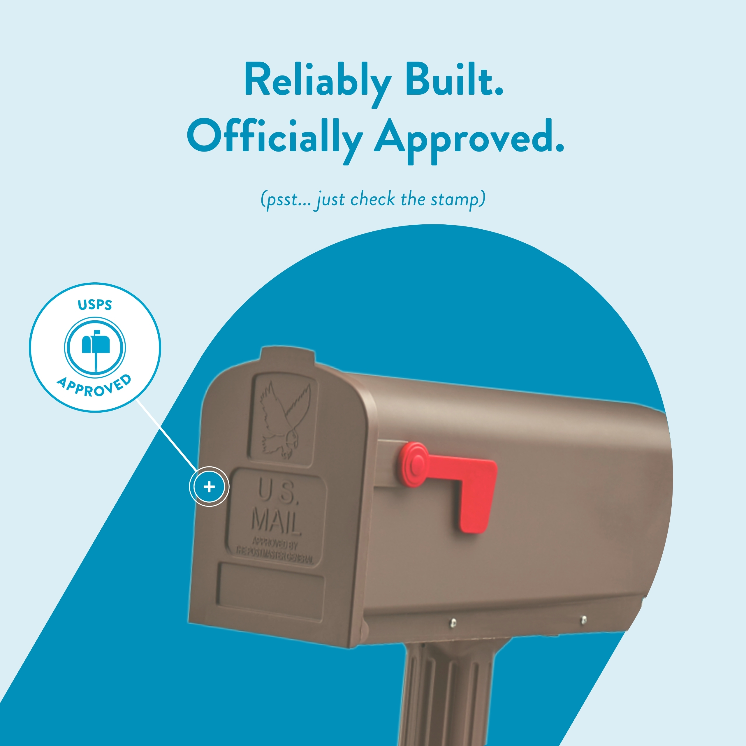 Poster-style image showing a USPS mailbox with a blue background and the headline 'Reliably Built. Officially Approved.' (psst... just check the stamp)