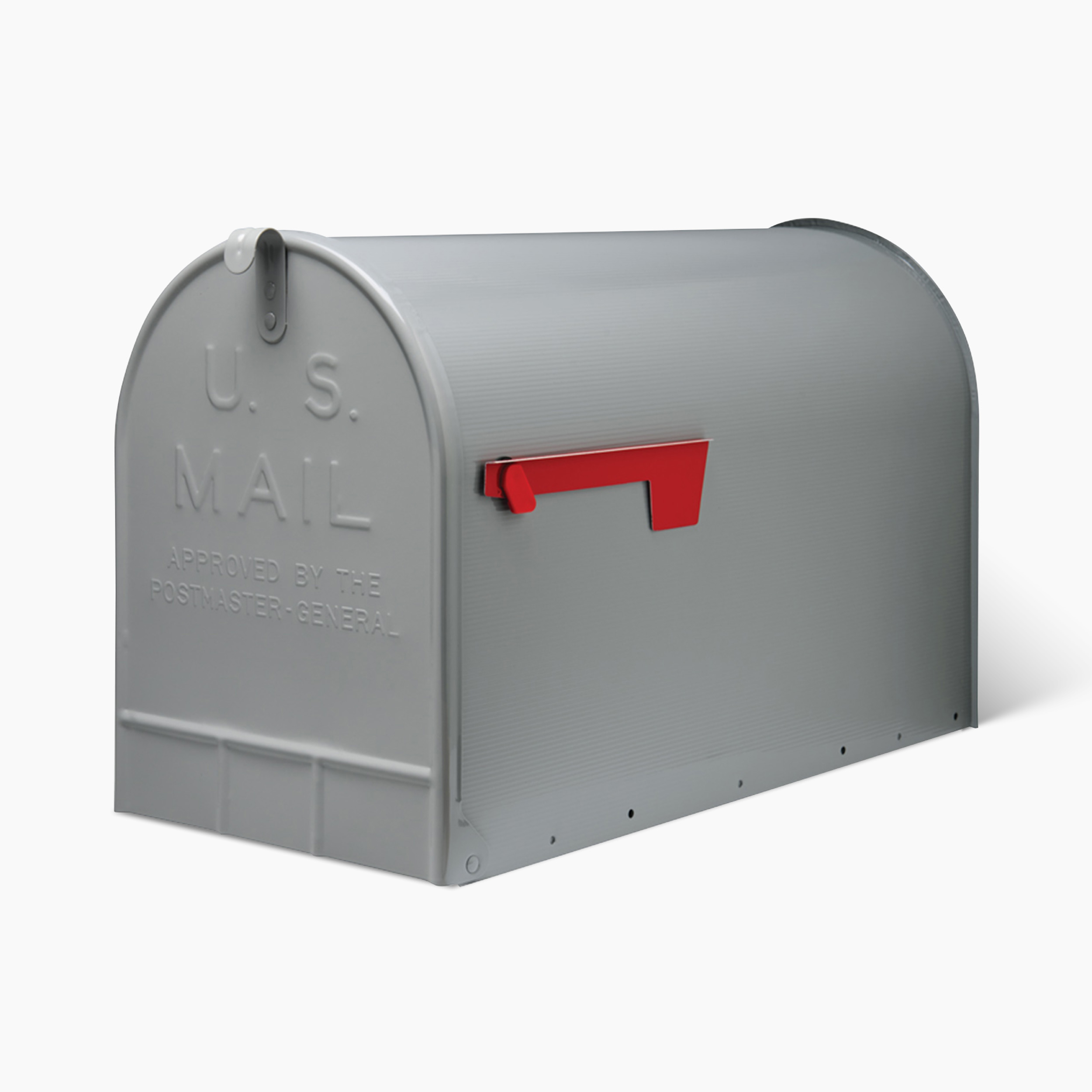 Gray U.S. Mail mailbox with a red flag raised on the right, standing on a flat surface.