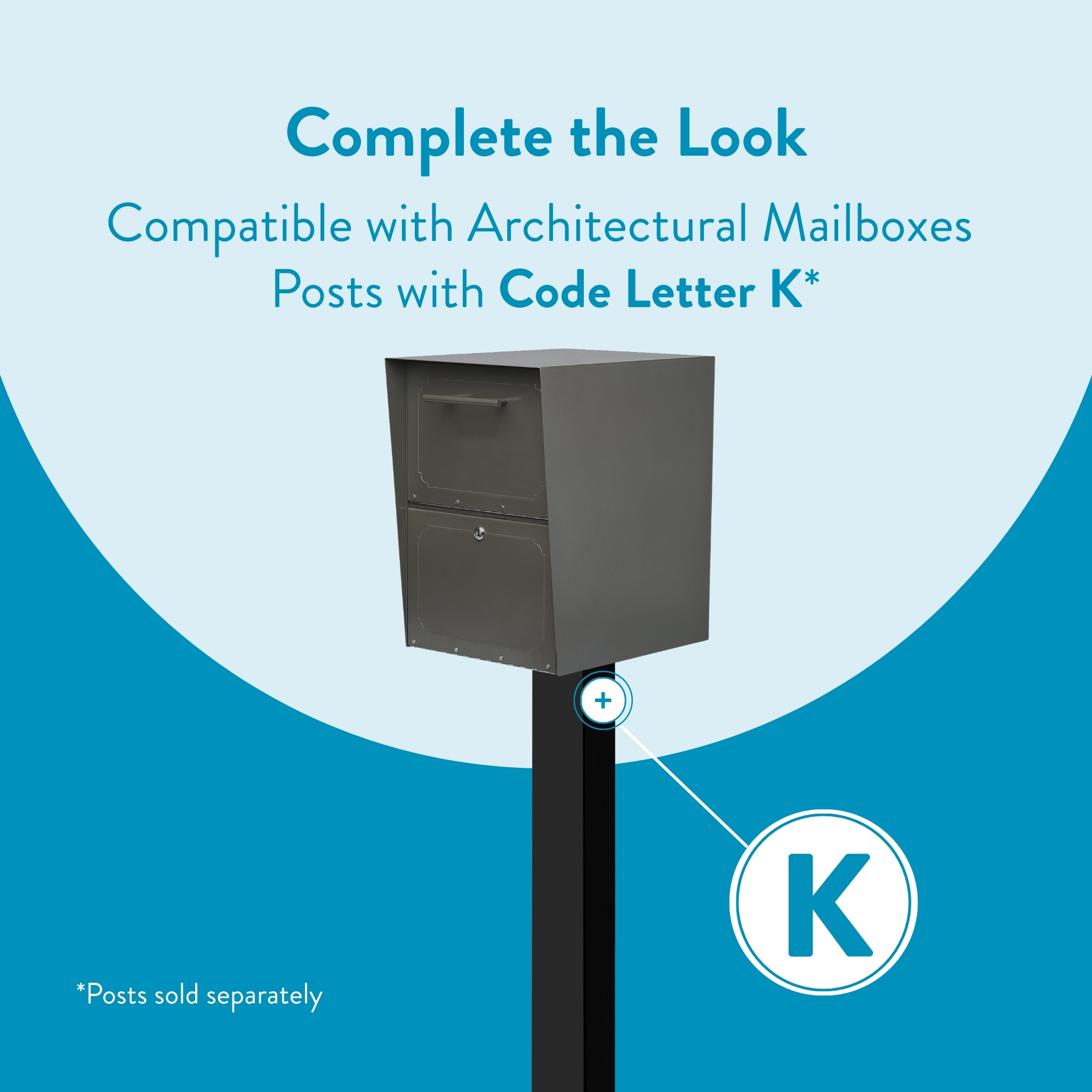 Grey mailbox mounted on a tall black post with a circular K badge, set against a blue curved background; promotion for Posts with Code Letter K.