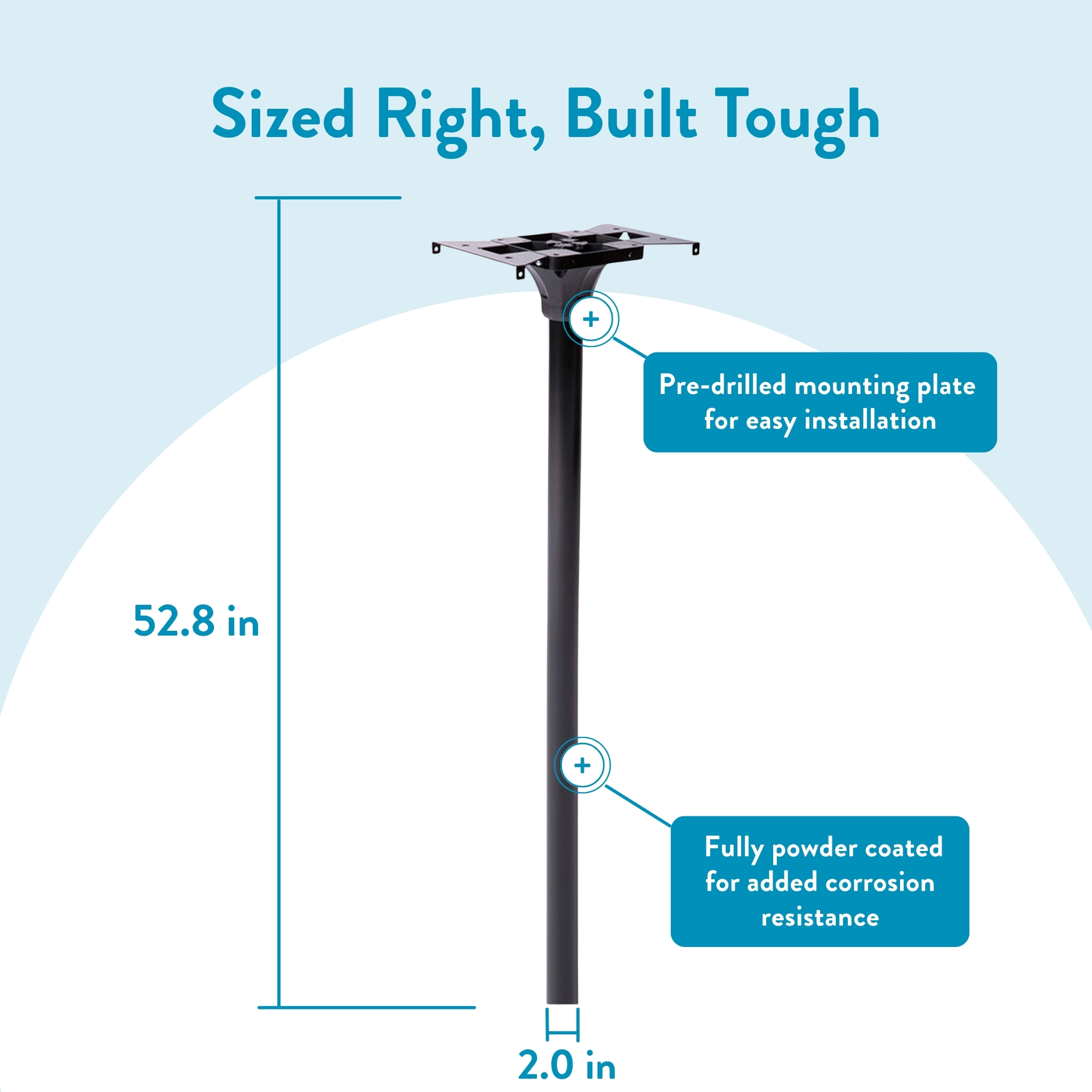 Tall metal mounting post with pre-drilled plate for easy installation and blue callouts; 52.8 in tall, 2 in diameter, powder-coated for corrosion resistance