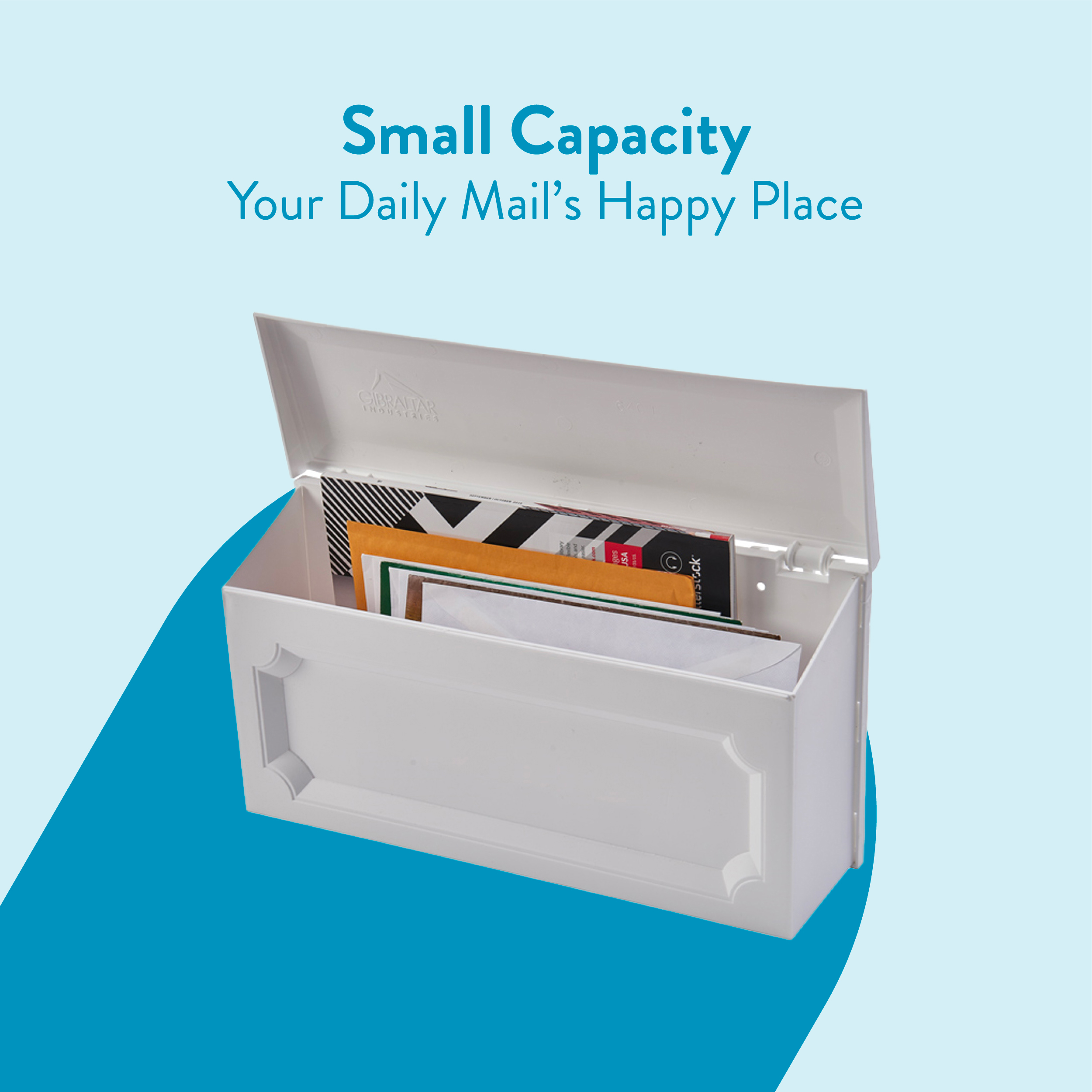 Small white mail organizer with an open lid showing envelopes, on a blue background for a compact mail storage product
