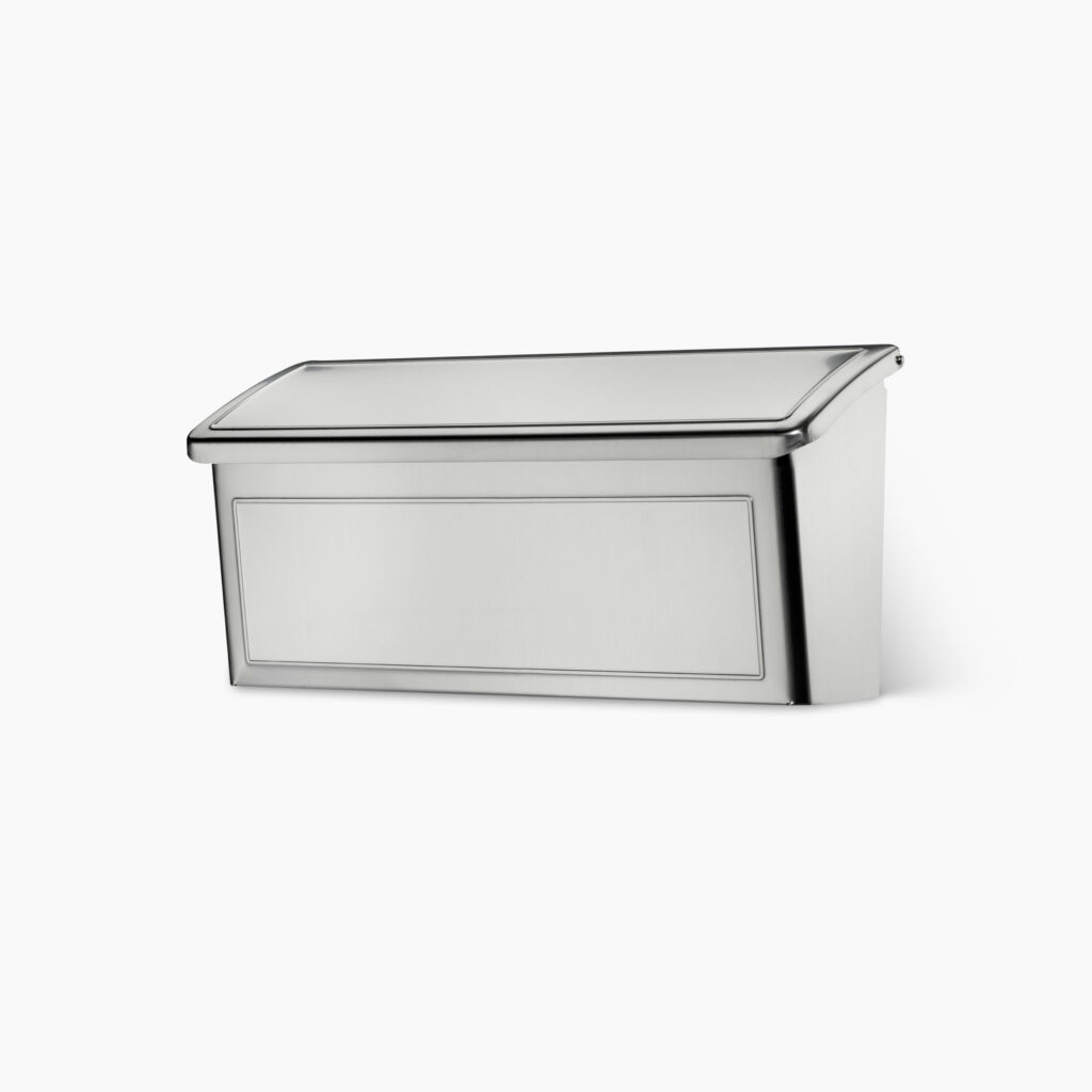 Stainless steel bread box with a flat lid in a modern kitchen style