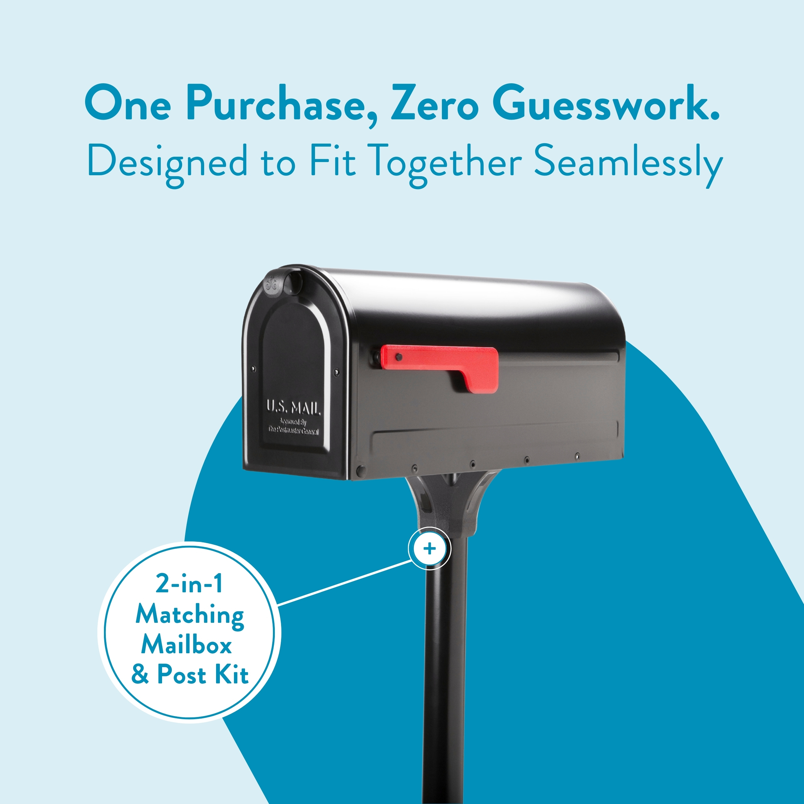 Promotional image of a black mailbox on a post with a light blue background and teal arc; reads 'One Purchase, Zero Guesswork' with a circular badge '2-in-1 Matching Mailbox & Post Kit'.