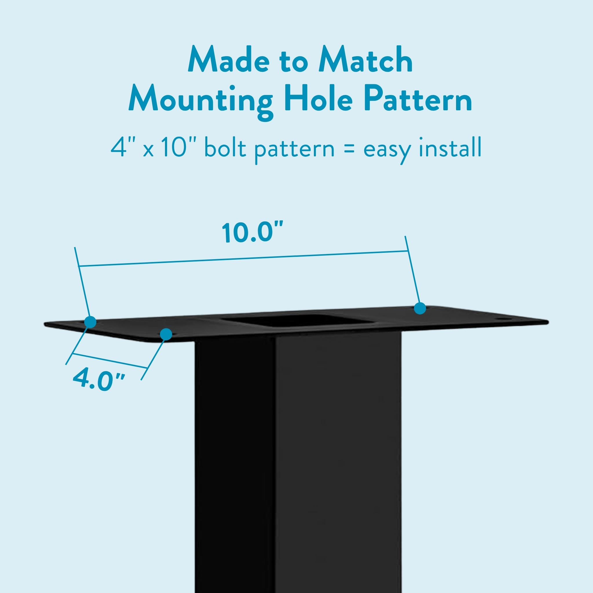 Diagram of a table top showing a 10-inch mounting hole pattern with a 4-inch offset for easy install.