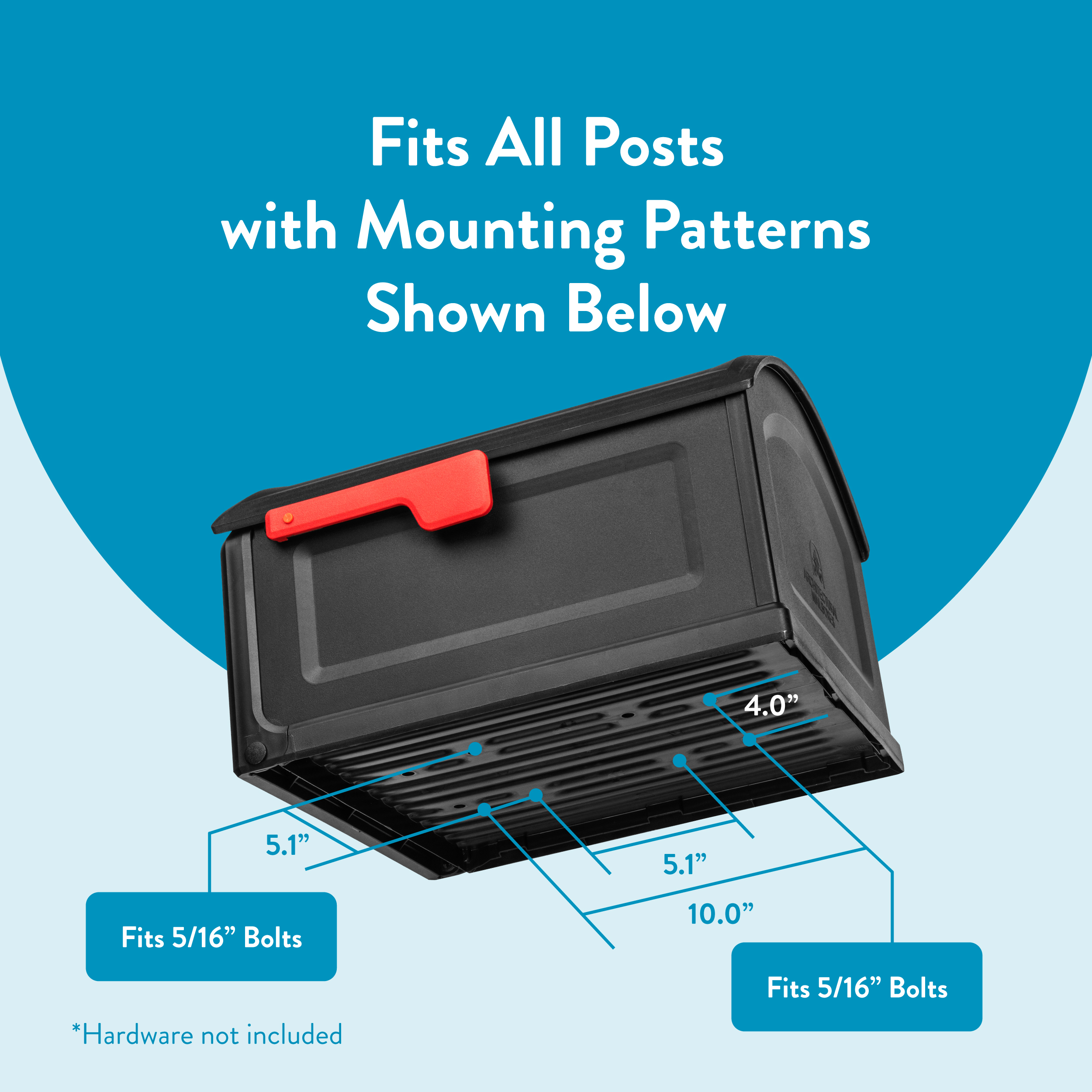 Diagram of a black mounting box on a blue background with measurement lines showing bolt patterns: 4.0", 5.1", 10.0" and note that it fits 5/16" bolts (hardware not included).