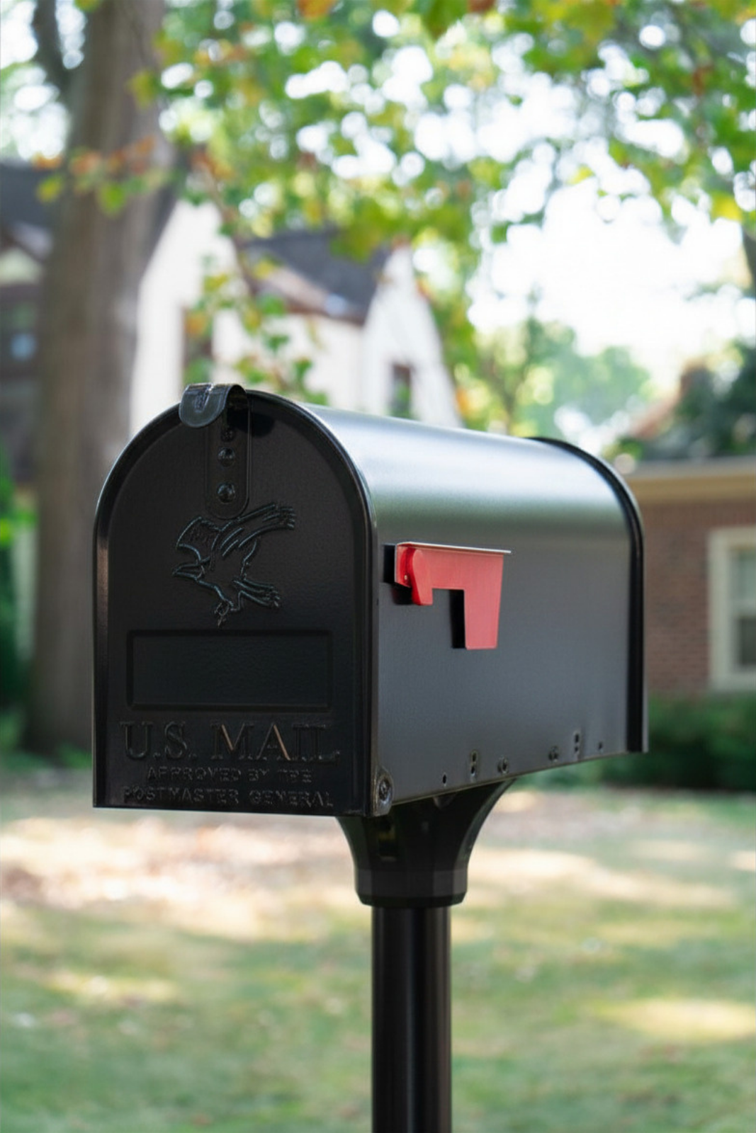 Black USPS mailbox with red flag raised on a post in a residential yard with trees in the background.
