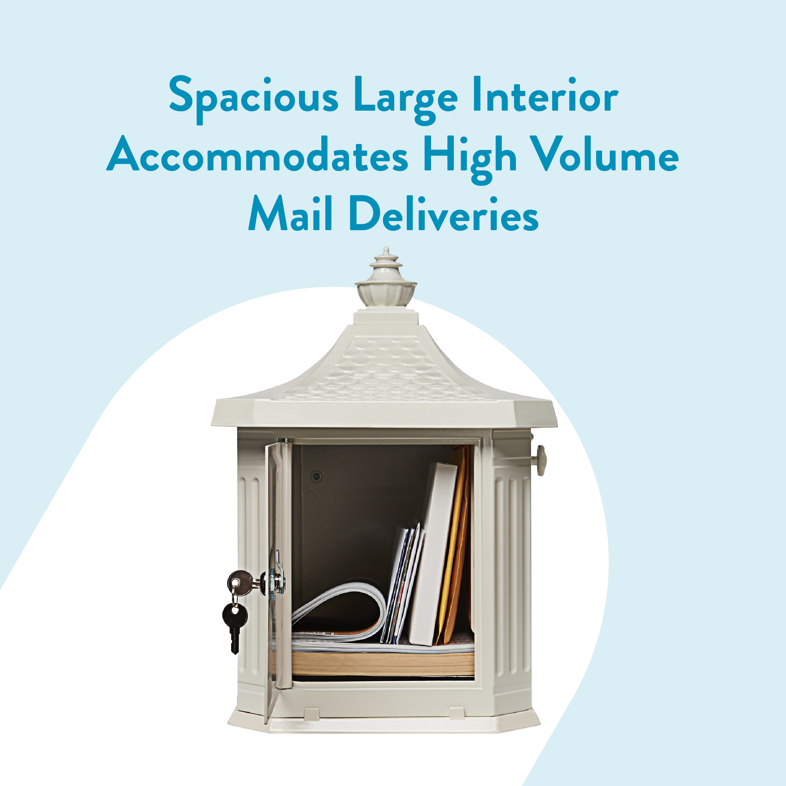 Open mailbox with its door ajar, showing folders and papers inside to illustrate a spacious interior for high-volume mail deliveries in a light-blue graphic.