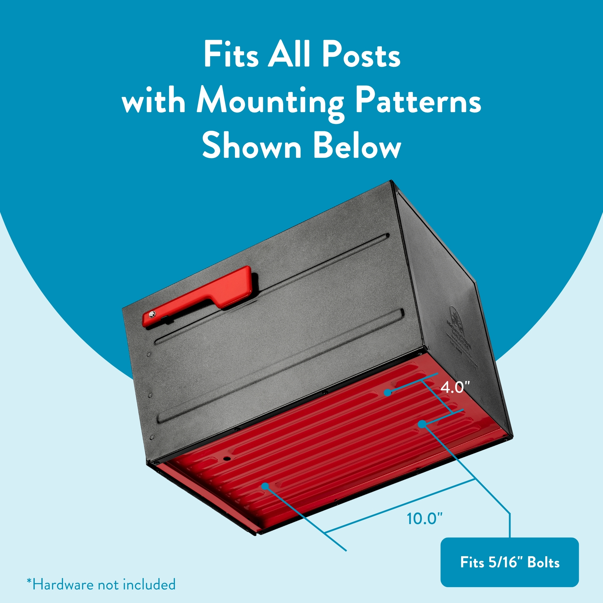 Informational graphic of a gray metal mounting box with a red base, showing 4 in and 10 in spacing and the label 'Fits 5/16" Bolts'.