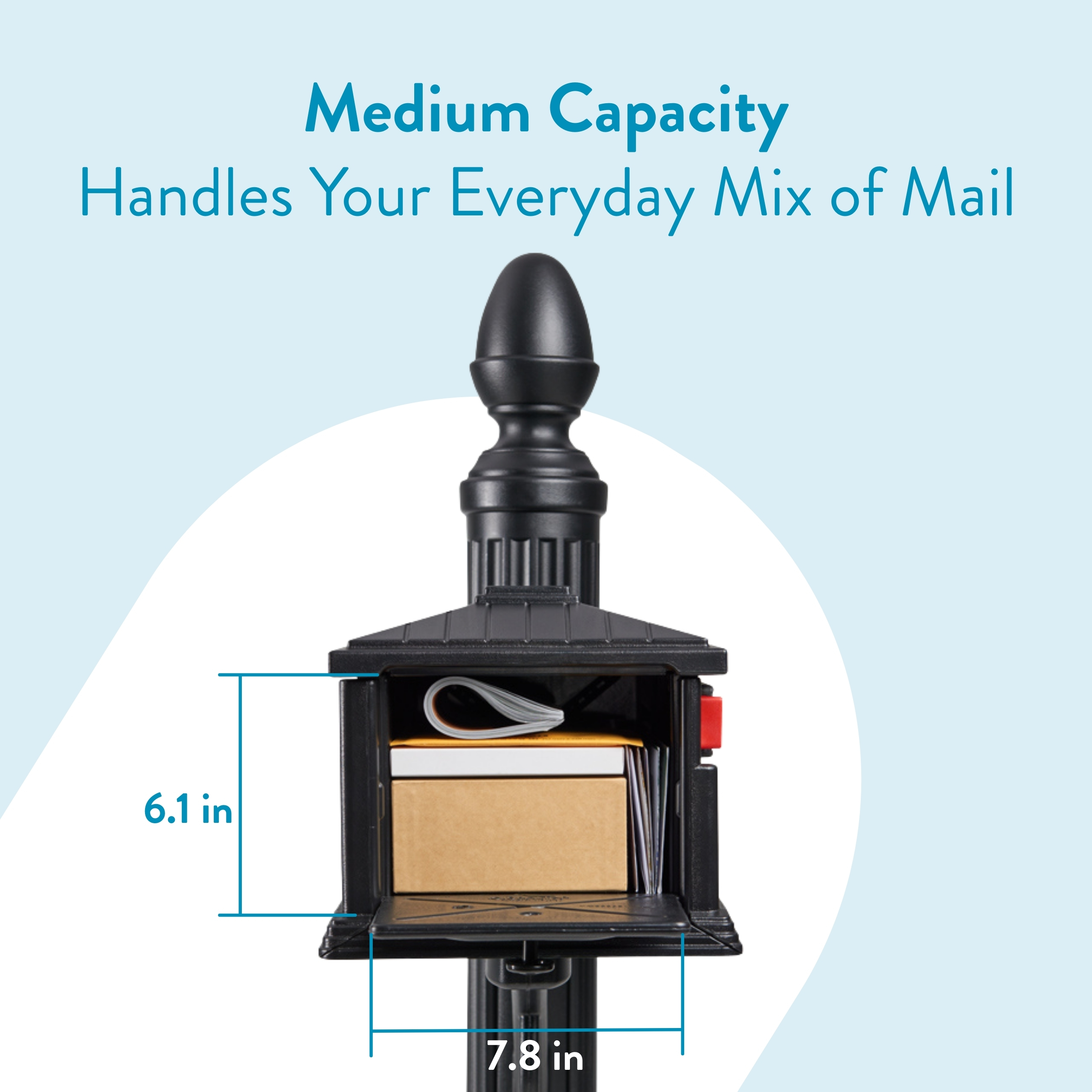 Medium-capacity mail organizer on a post with letters and boxes inside, labeled 6.1 in high and 7.8 in wide in a light blue infographic