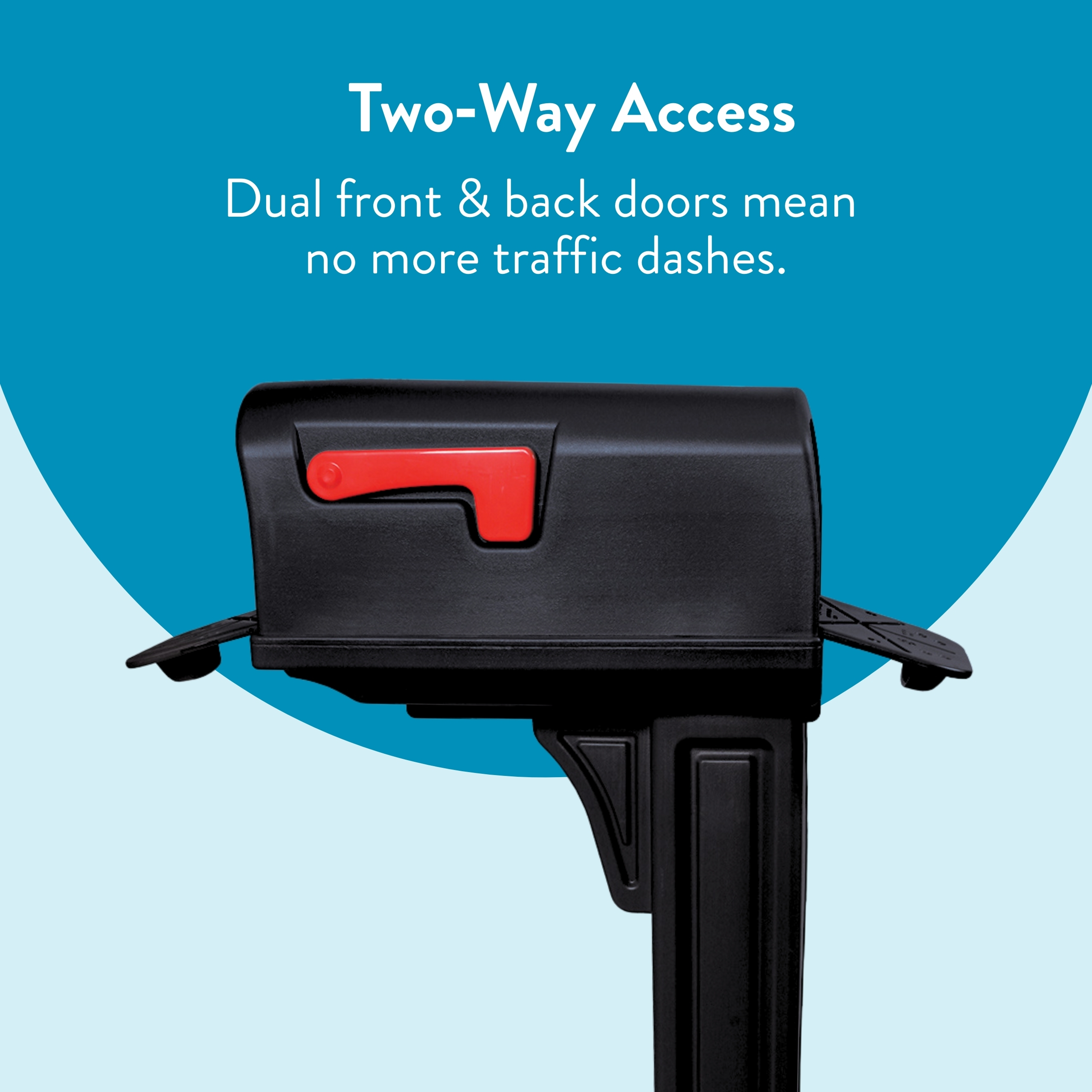 Two-way access advertisement with a black device and a red lever, conveying dual front and back doors to prevent traffic dashes.