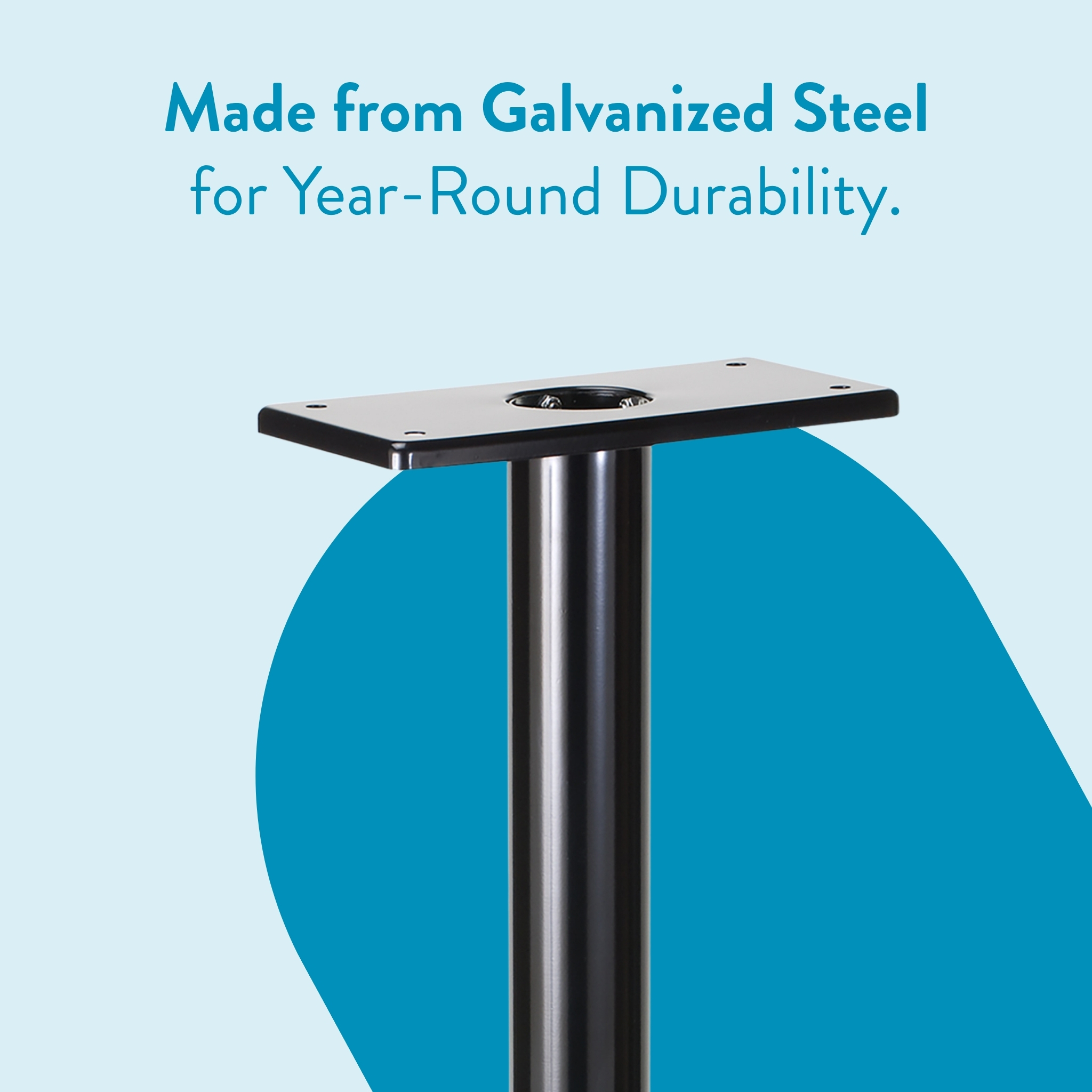Galvanized steel pedestal with a flat mounting plate on top, set against a light blue background.