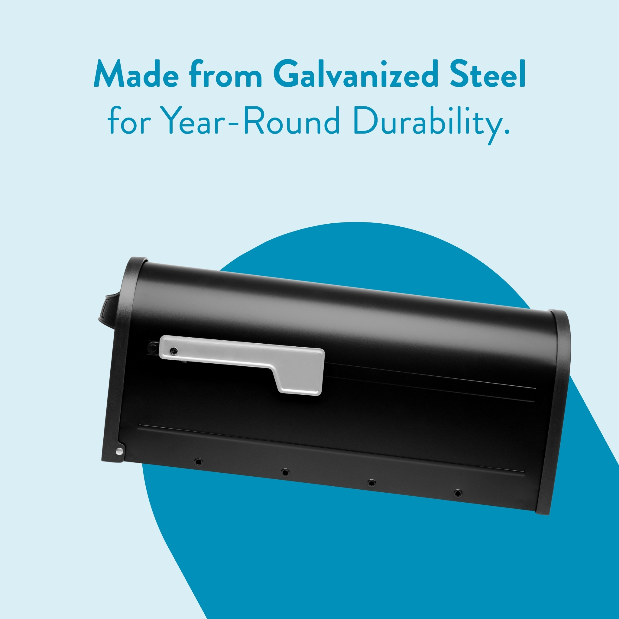Black galvanized-steel mailbox with a silver handle, shown against a pale blue background with a blue circular shape behind it, emphasizing durability.