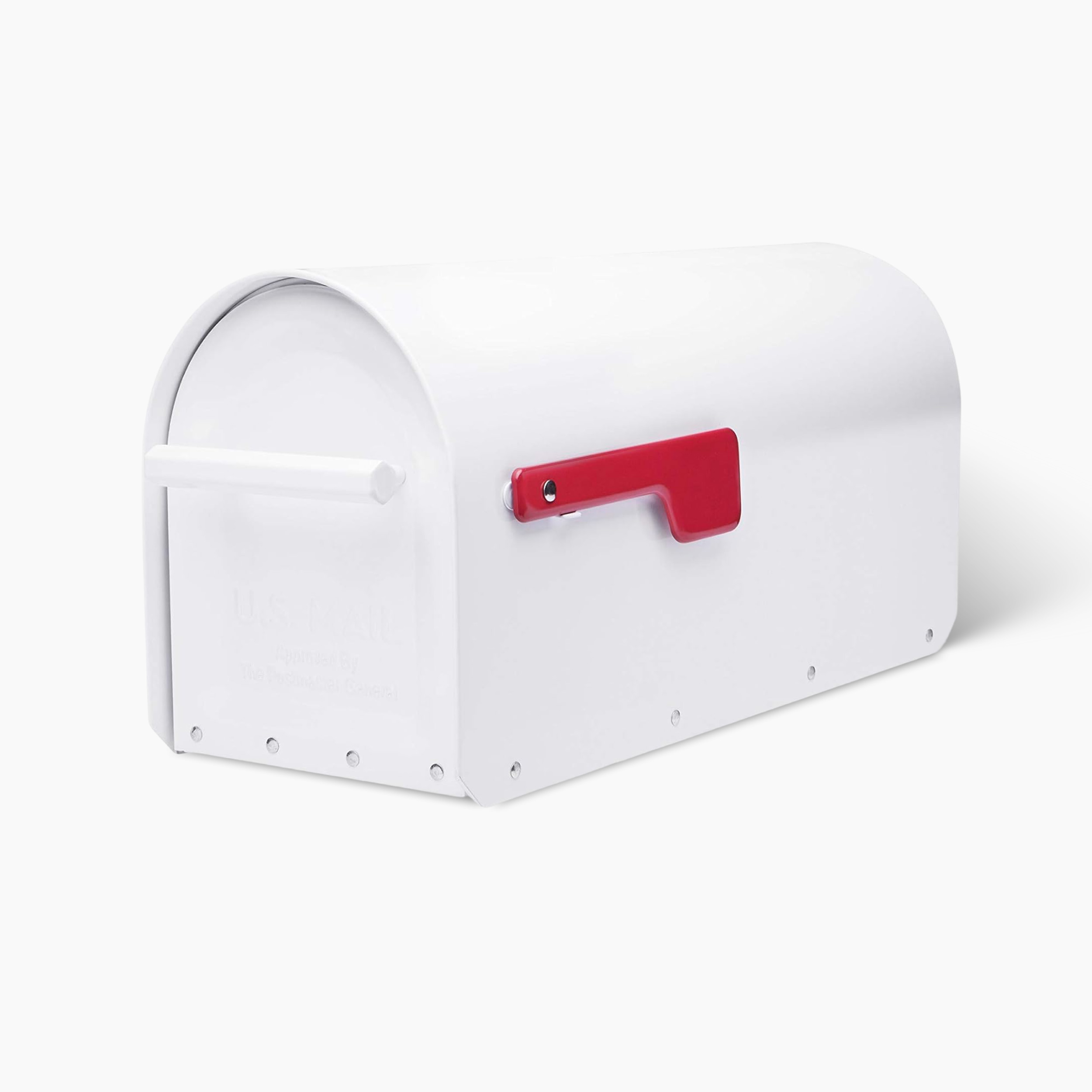 White metal mailbox with a red flag on its side