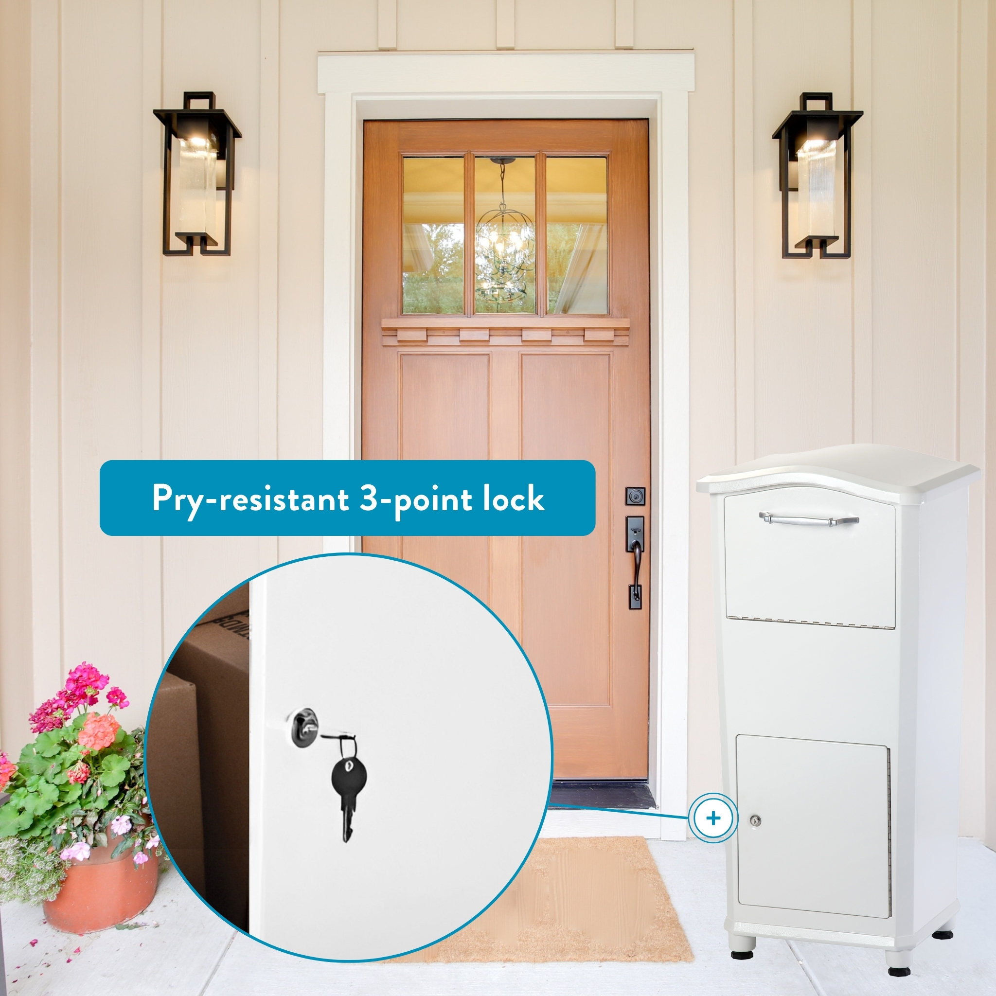 Front entry door highlighting a pry-resistant 3-point lock; inset shows the key in the lock trickily.