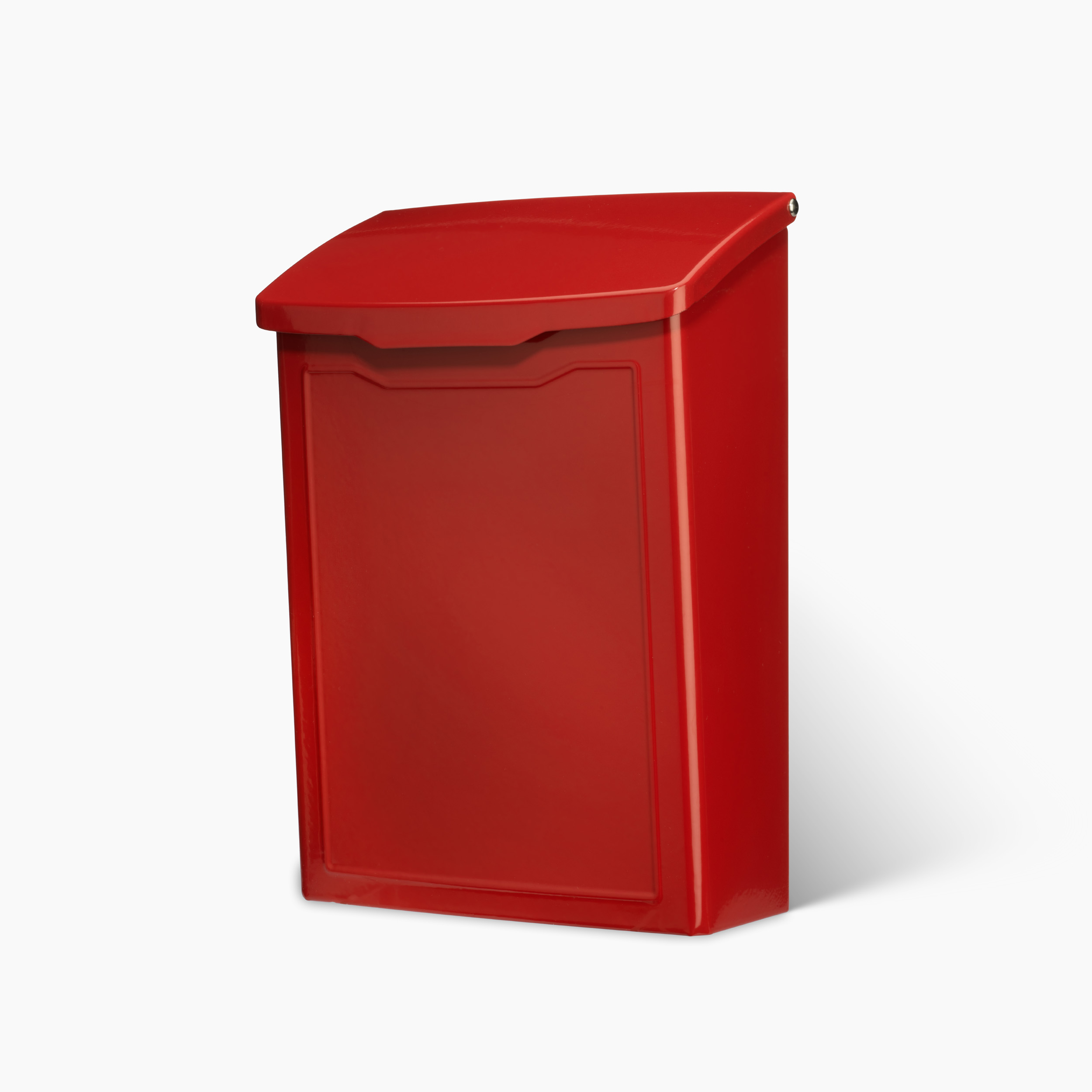 Red metal mailbox with a curved, hinged lid and a front panel door set against a white background.