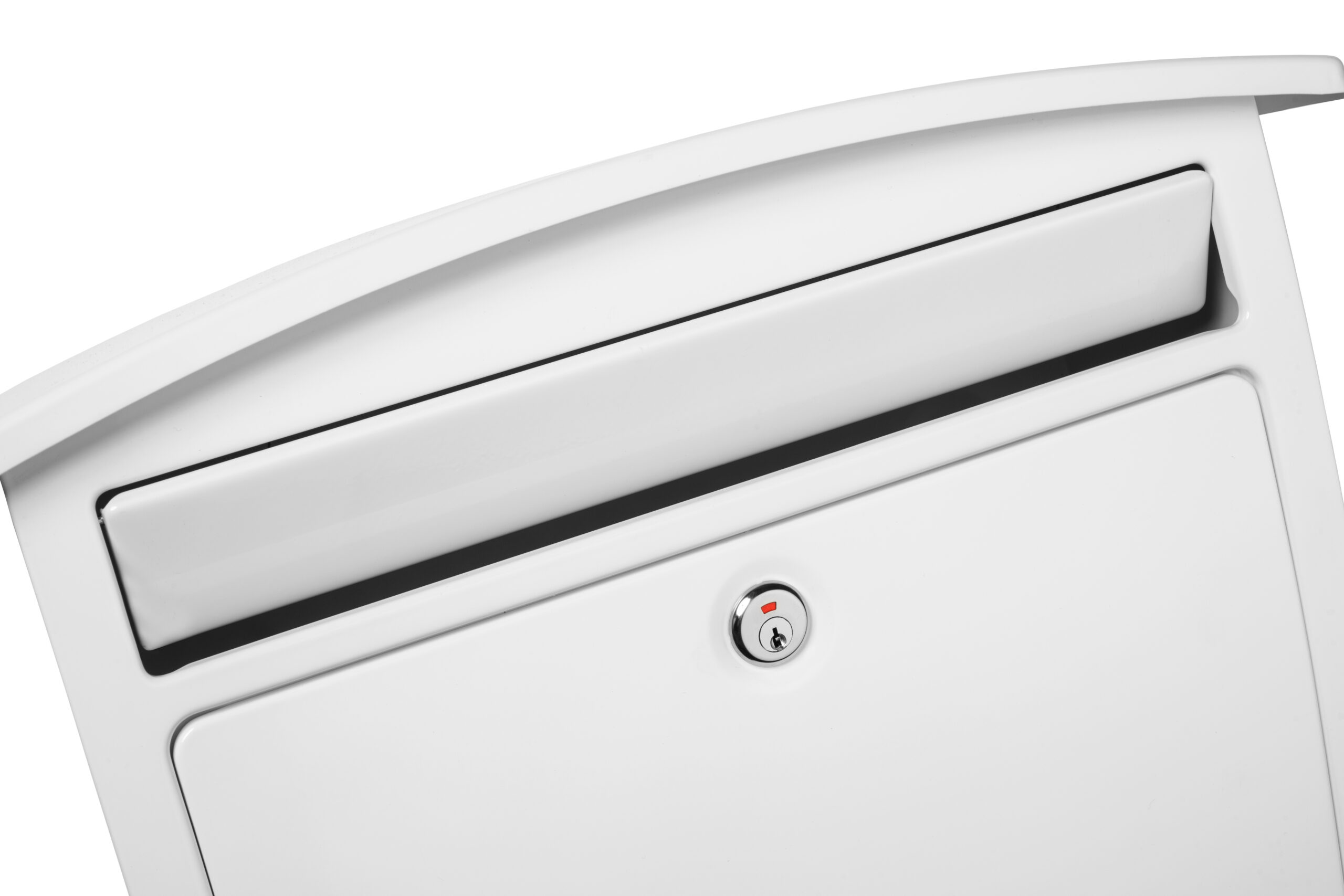 Close-up of a white mailbox with a mail slot and a round key lock.