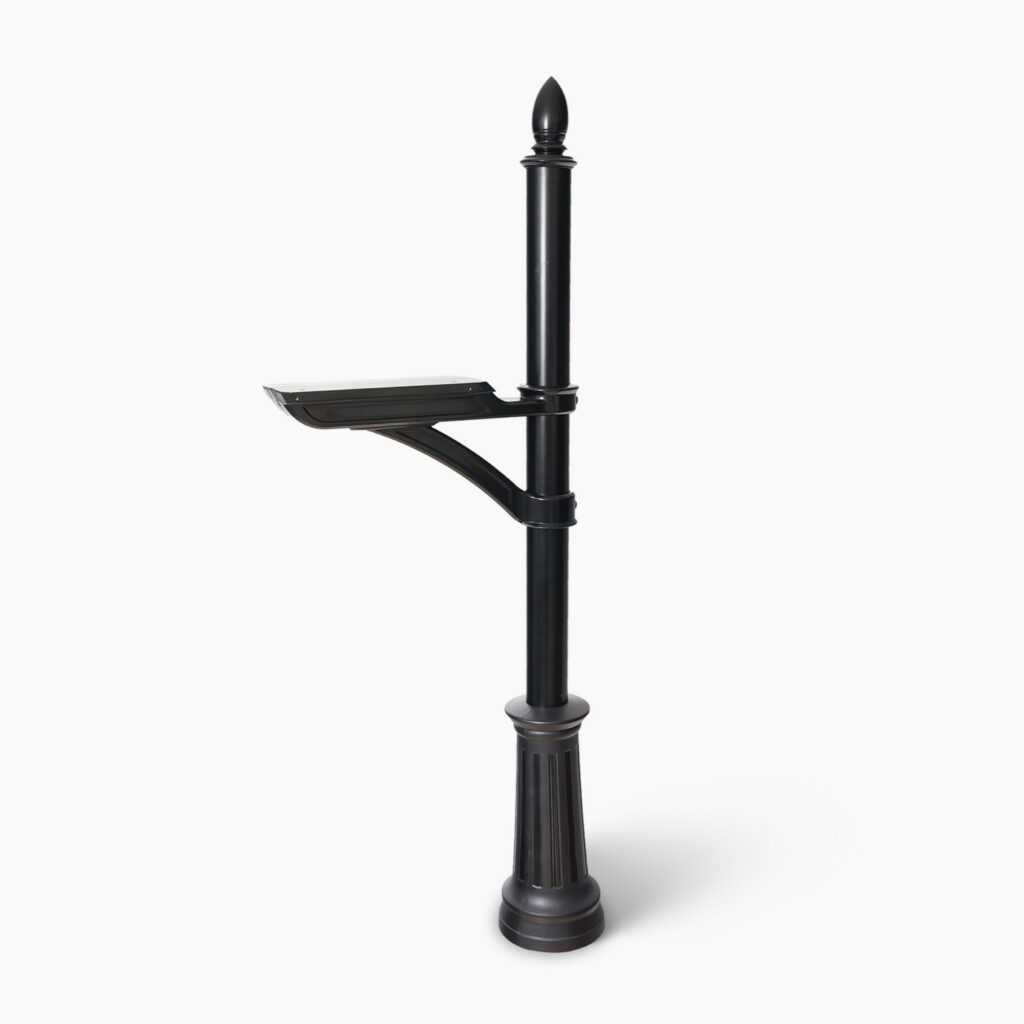 Tall black street lamp post with a curved arm and rectangular light fixture