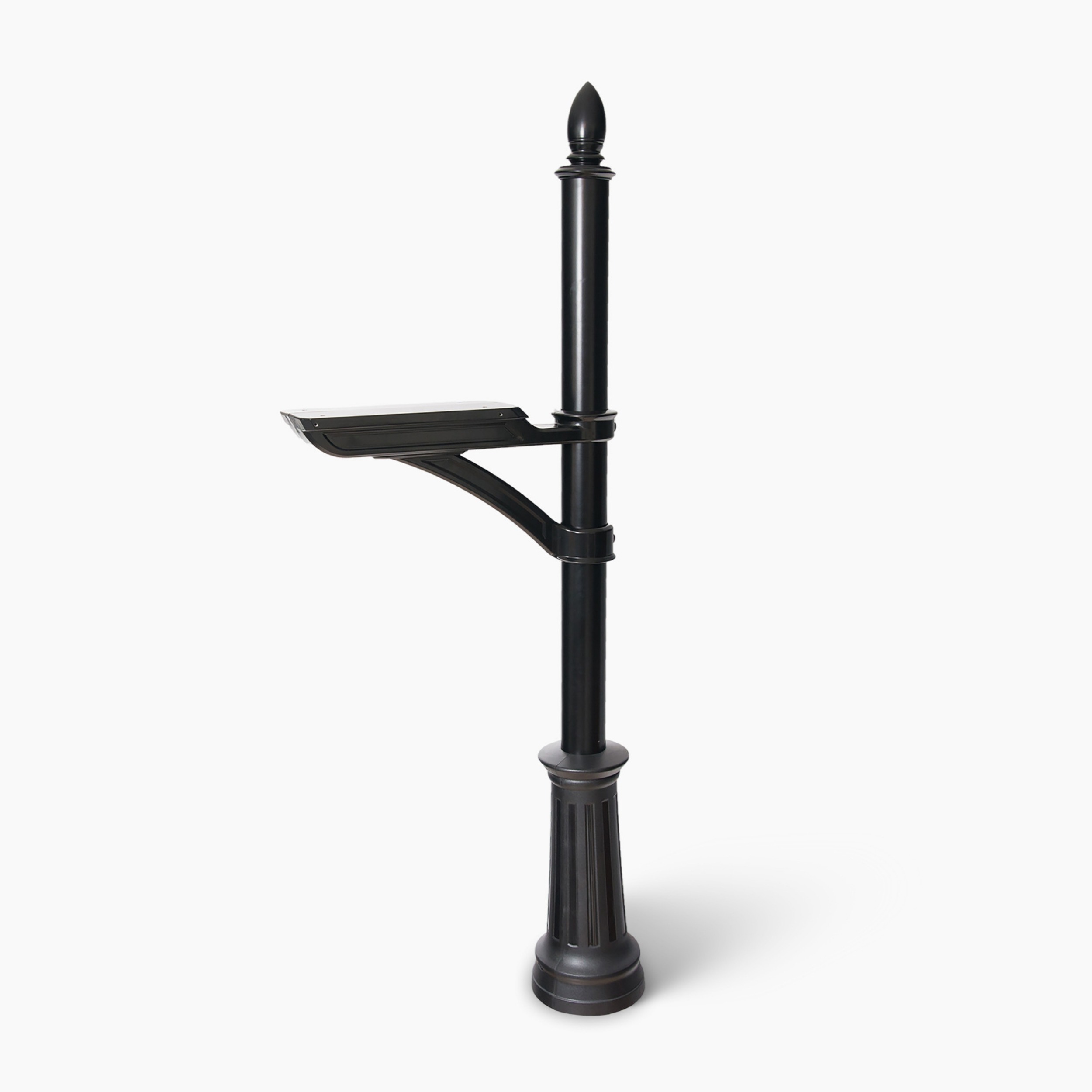 Tall black street lamp post with a curved arm and rectangular light fixture