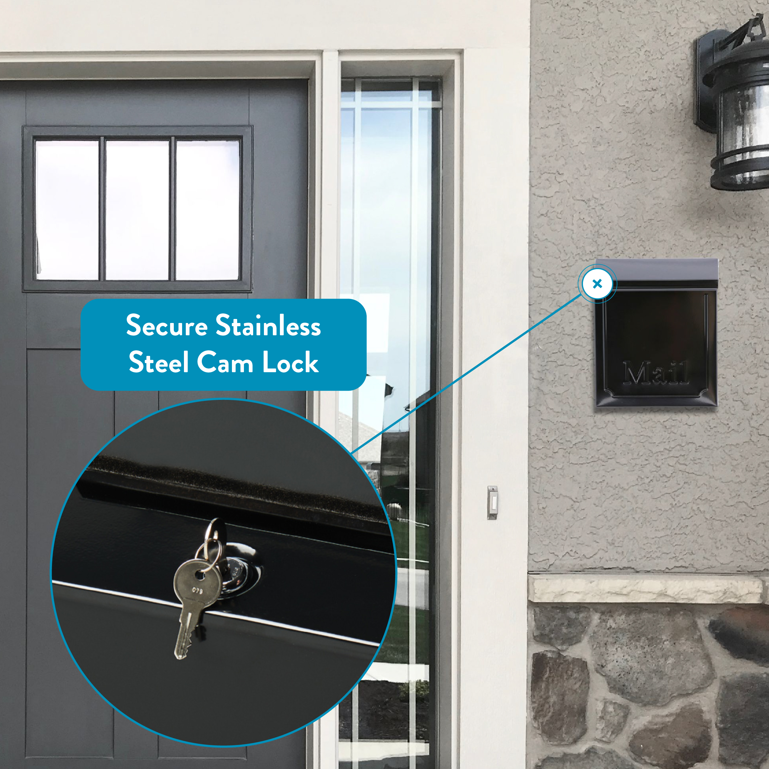Close-up of a stainless steel cam lock with a key inserted, mounted on a front door/mailbox area to show security feature.