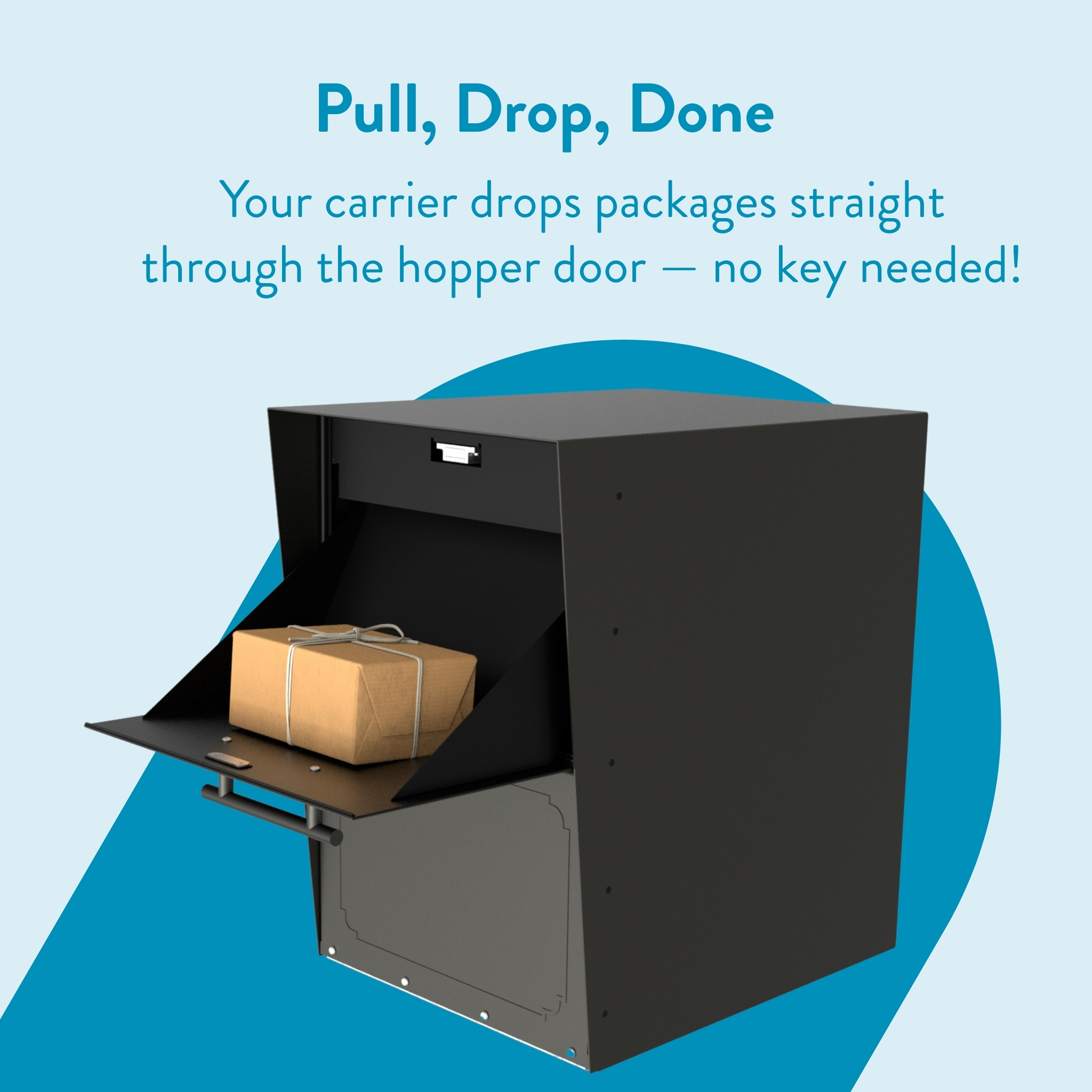 Keyless parcel drop box with a small package in the hopper, ready for pickup by a carrier.