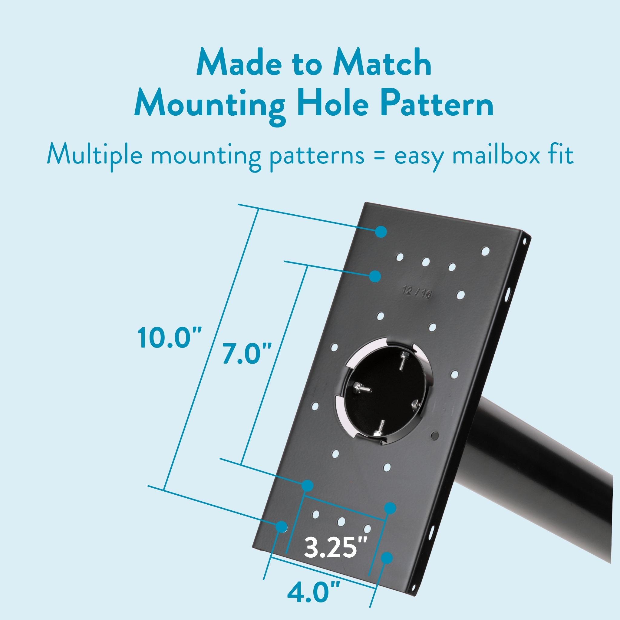 Diagram of a mounting plate with blue dimension lines showing hole pattern and measurements: 10.0", 7.0", 4.0", 3.25".