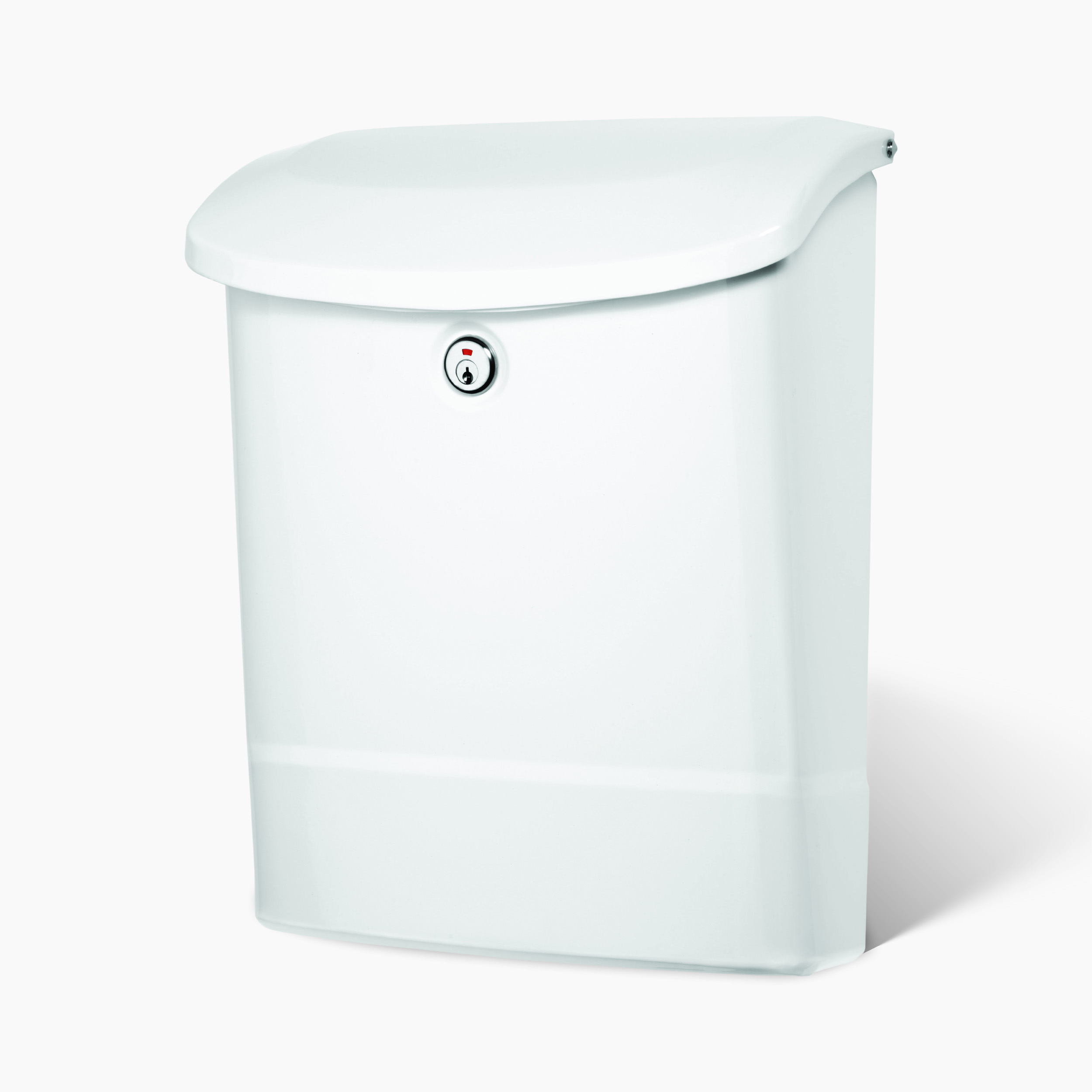 White toilet tank with a rounded lid photographed against a light background, product shot